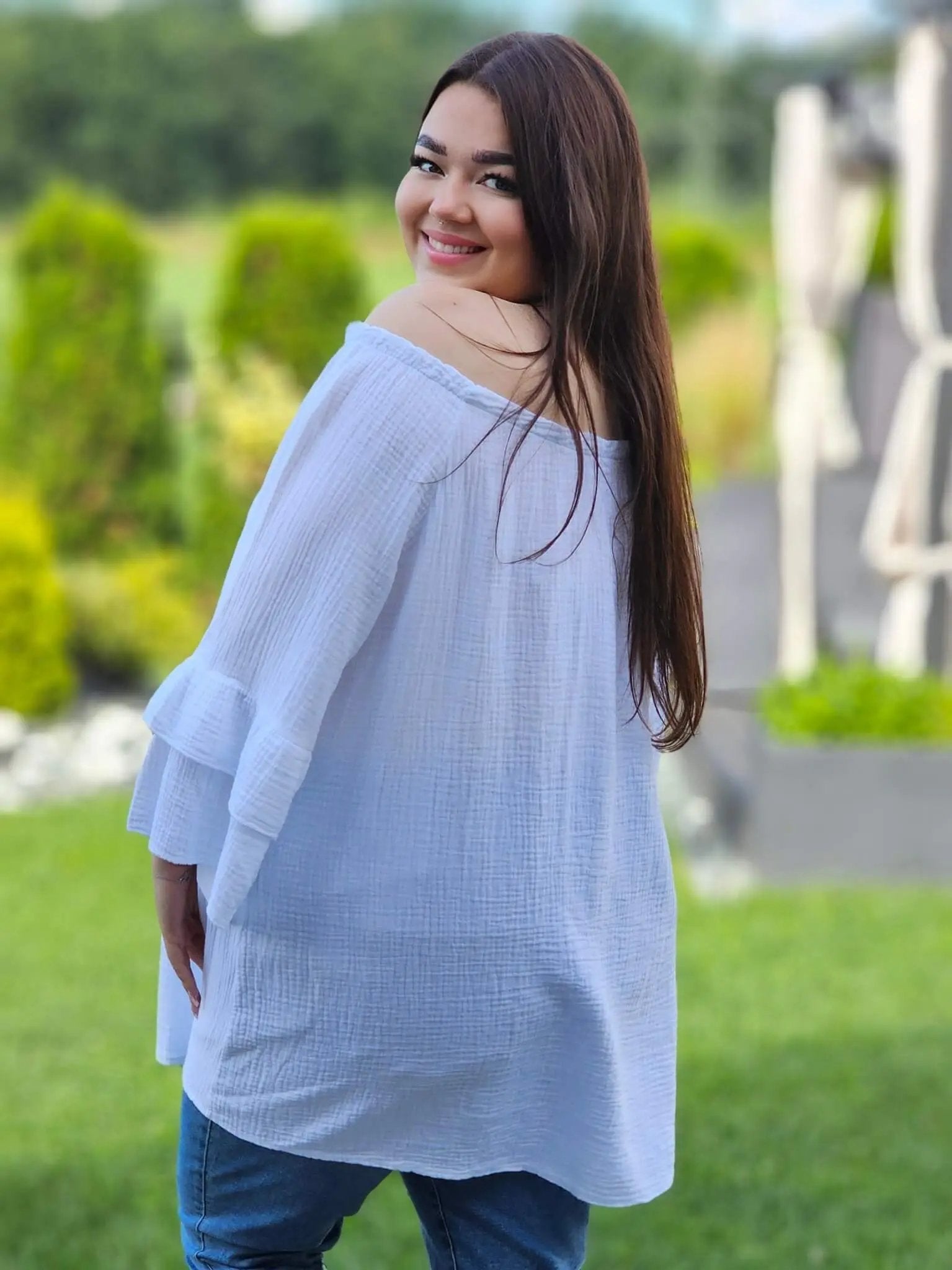 Muślinowa bluzka hiszpanka z falbanami Stylowa XL