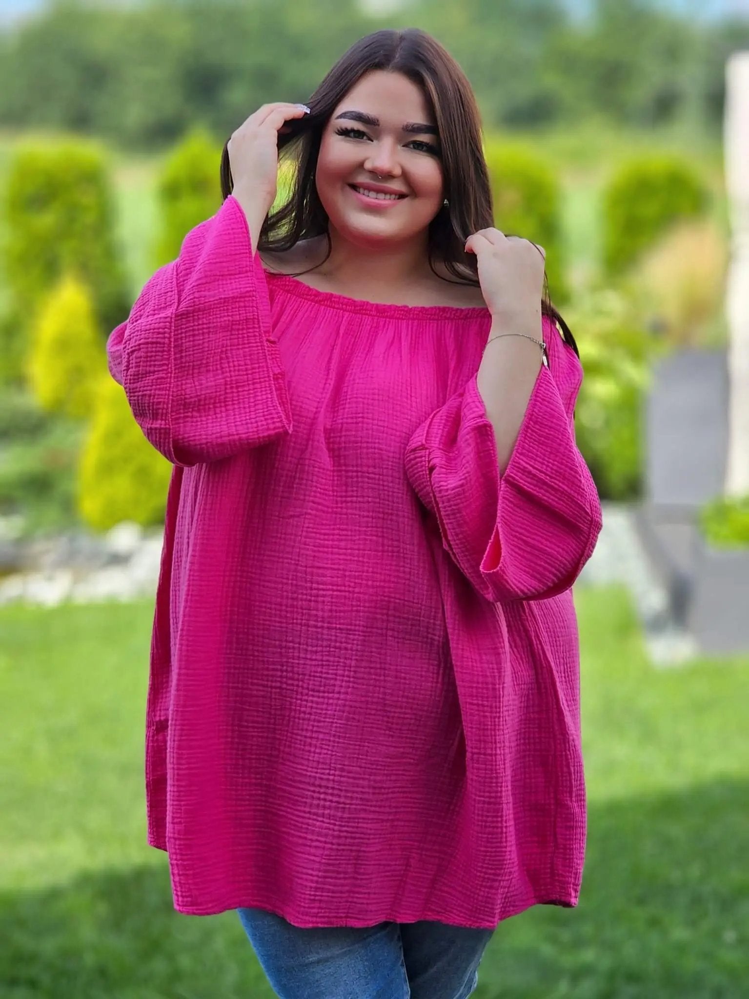 Muślinowa bluzka hiszpanka z falbanami Stylowa XL