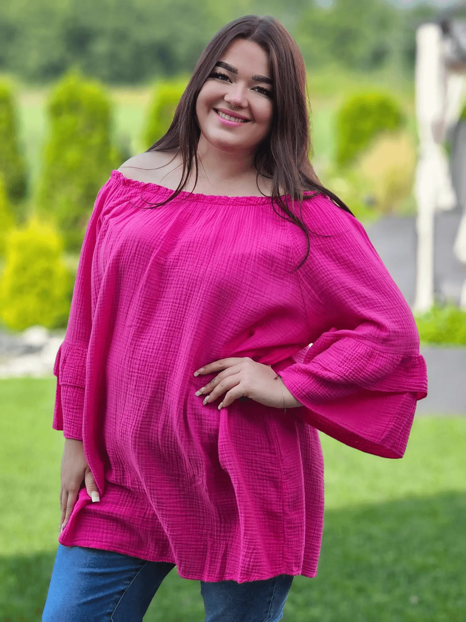 Muślinowa bluzka hiszpanka z falbanami Stylowa XL