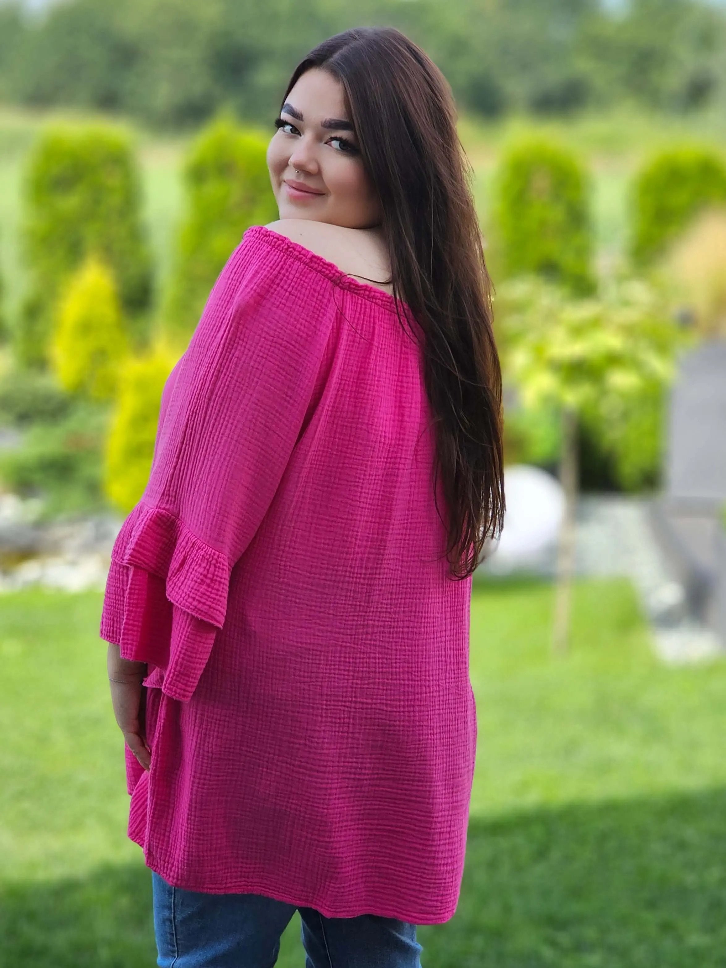 Muślinowa bluzka hiszpanka z falbanami Stylowa XL