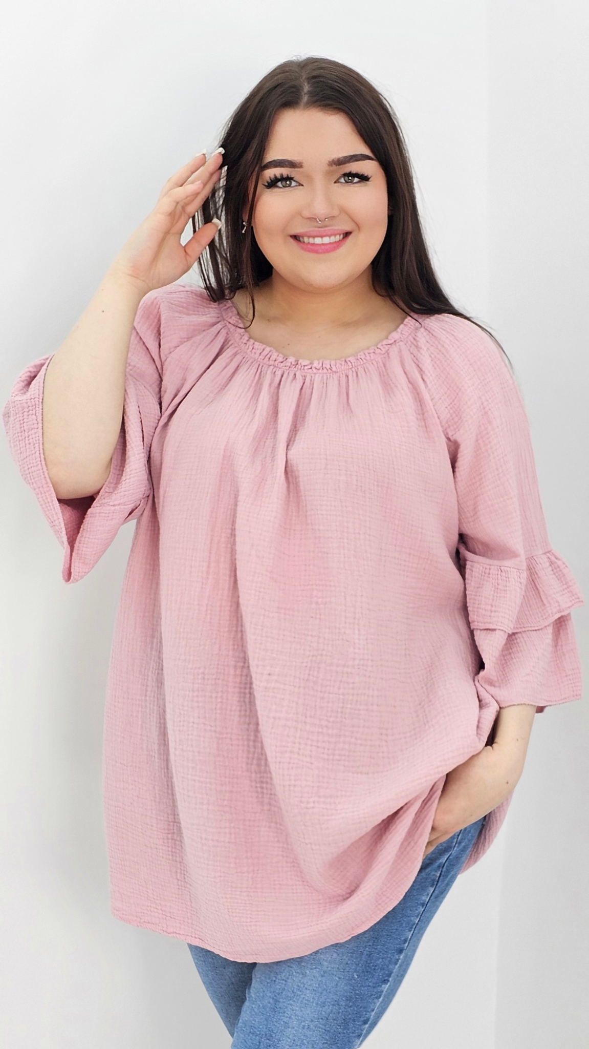 Muślinowa bluzka hiszpanka z falbanami Stylowa XL