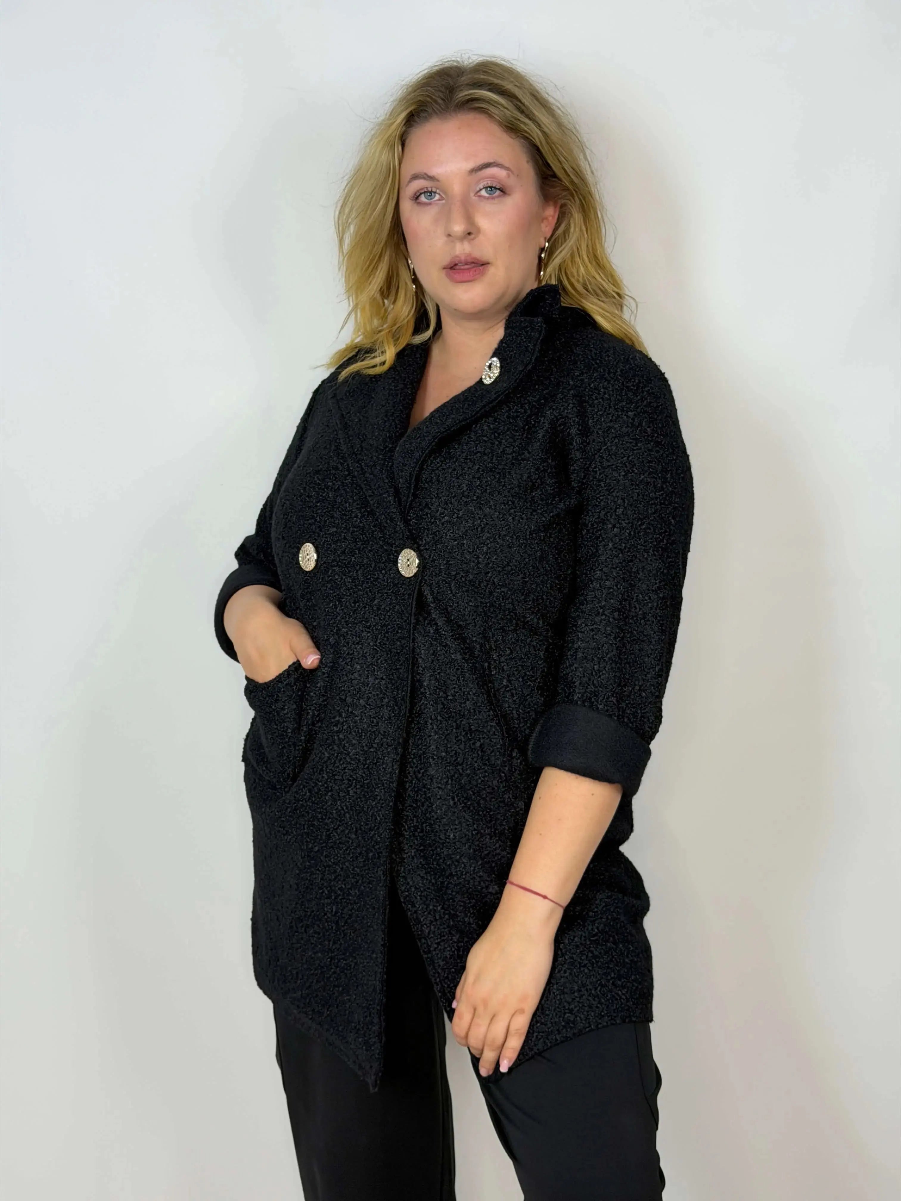 Płaszcz damski Plus Size Bouclé z ozdobnymi guzikami Stylowa XL