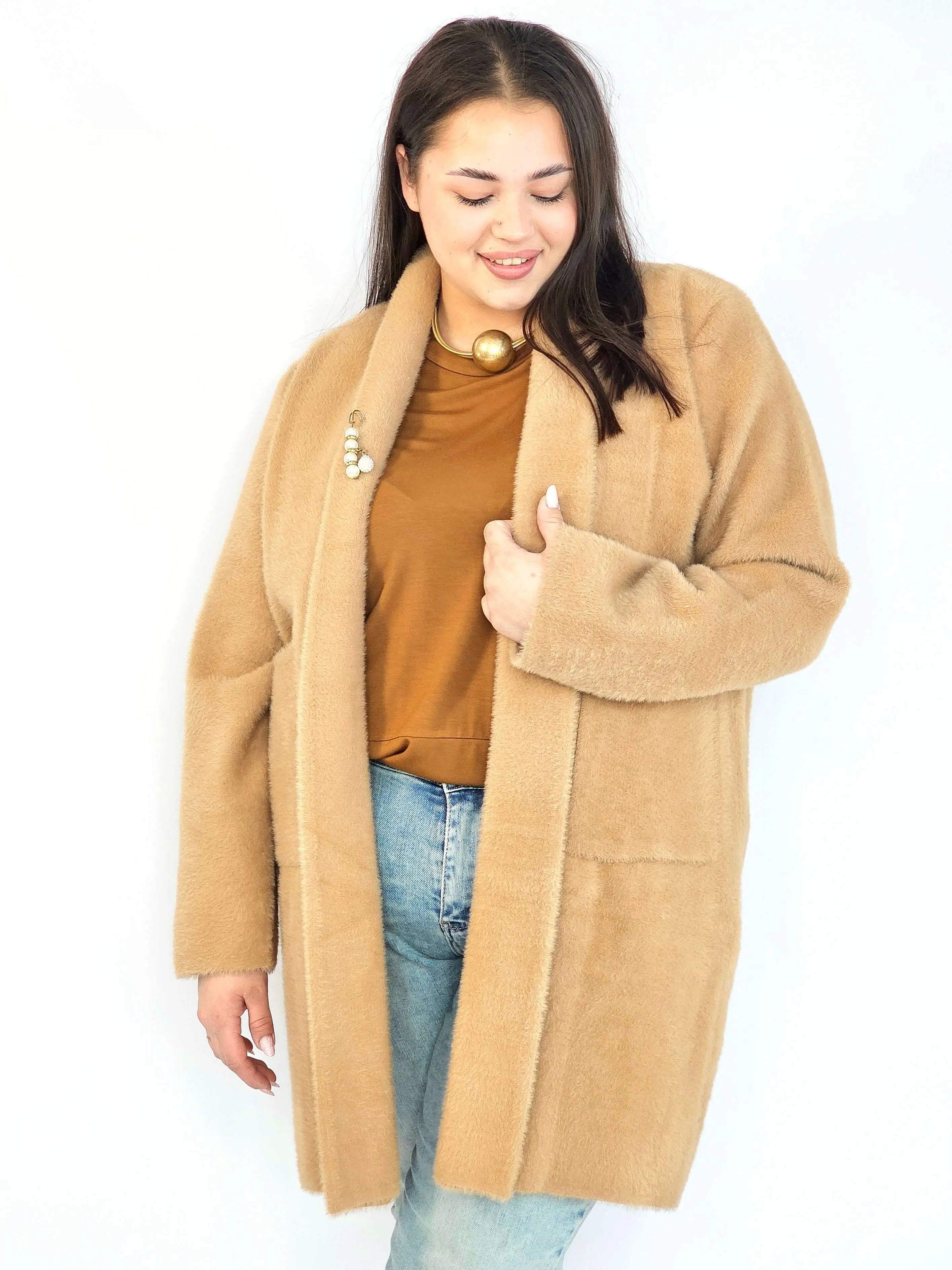 Płaszcz plus size – karmelowy płaszcz XXL alpaka oversize Stylowa XL