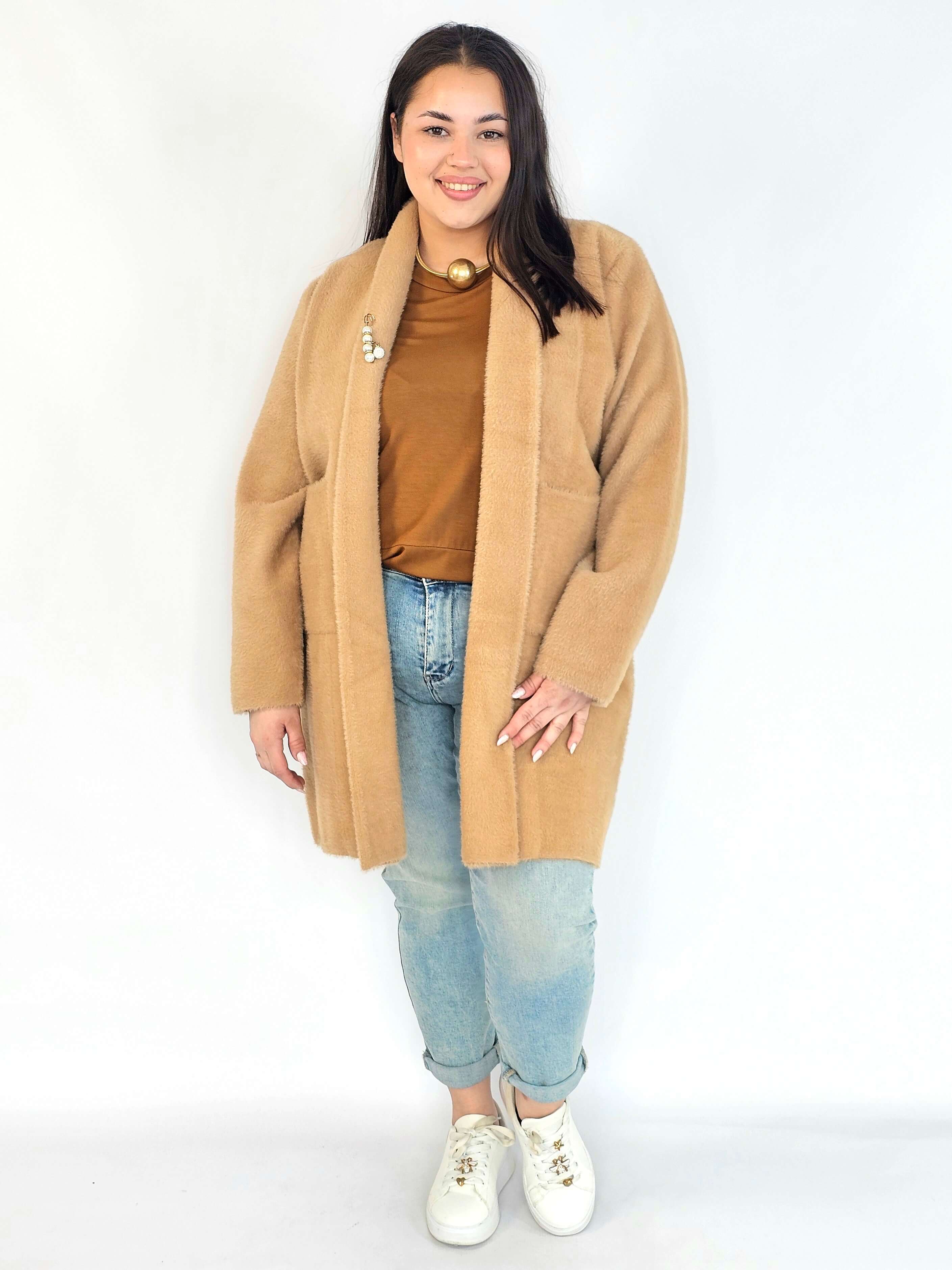 Płaszcz plus size – karmelowy płaszcz XXL alpaka oversize Stylowa XL