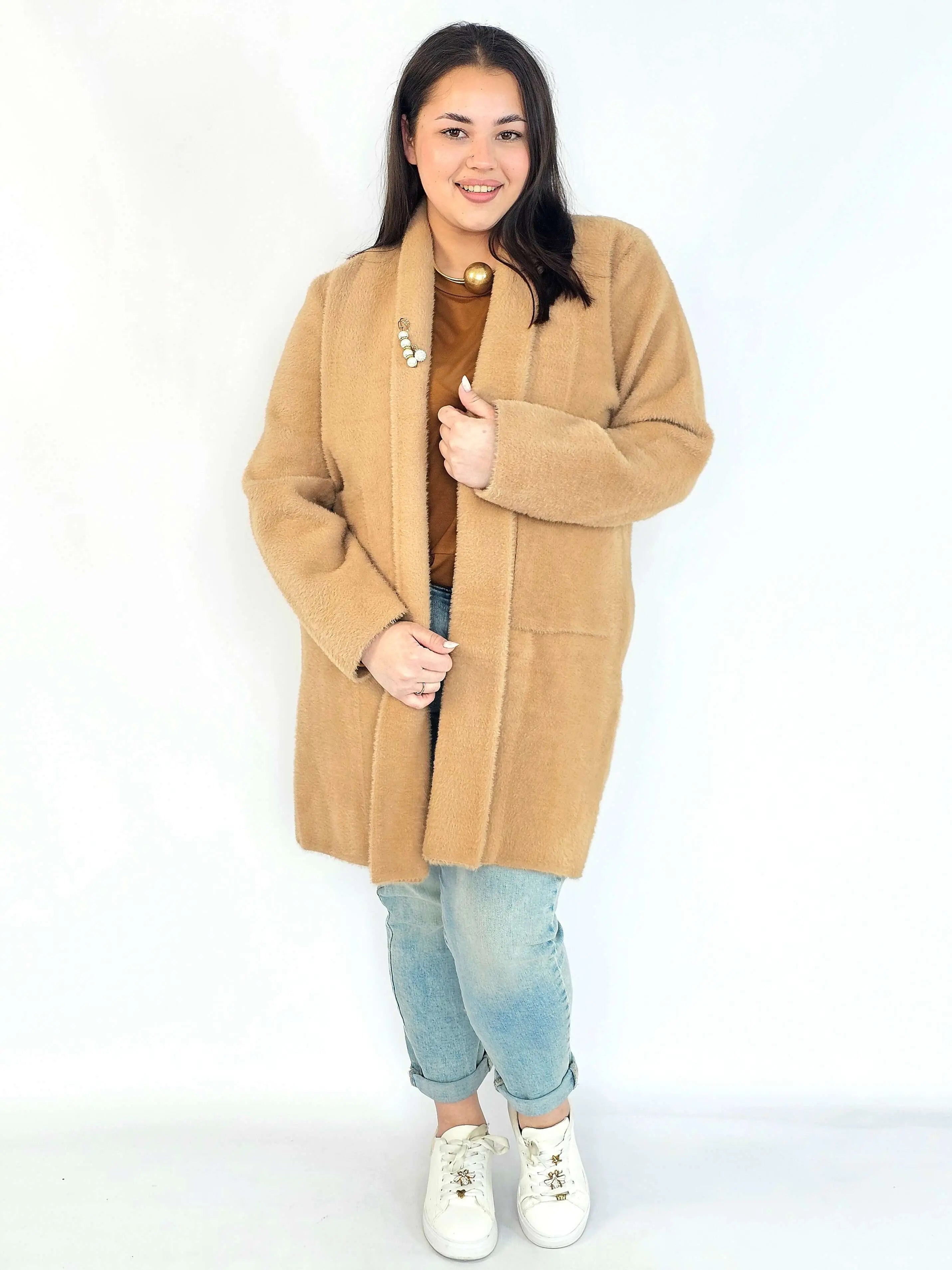 Płaszcz plus size – karmelowy płaszcz XXL alpaka oversize Stylowa XL
