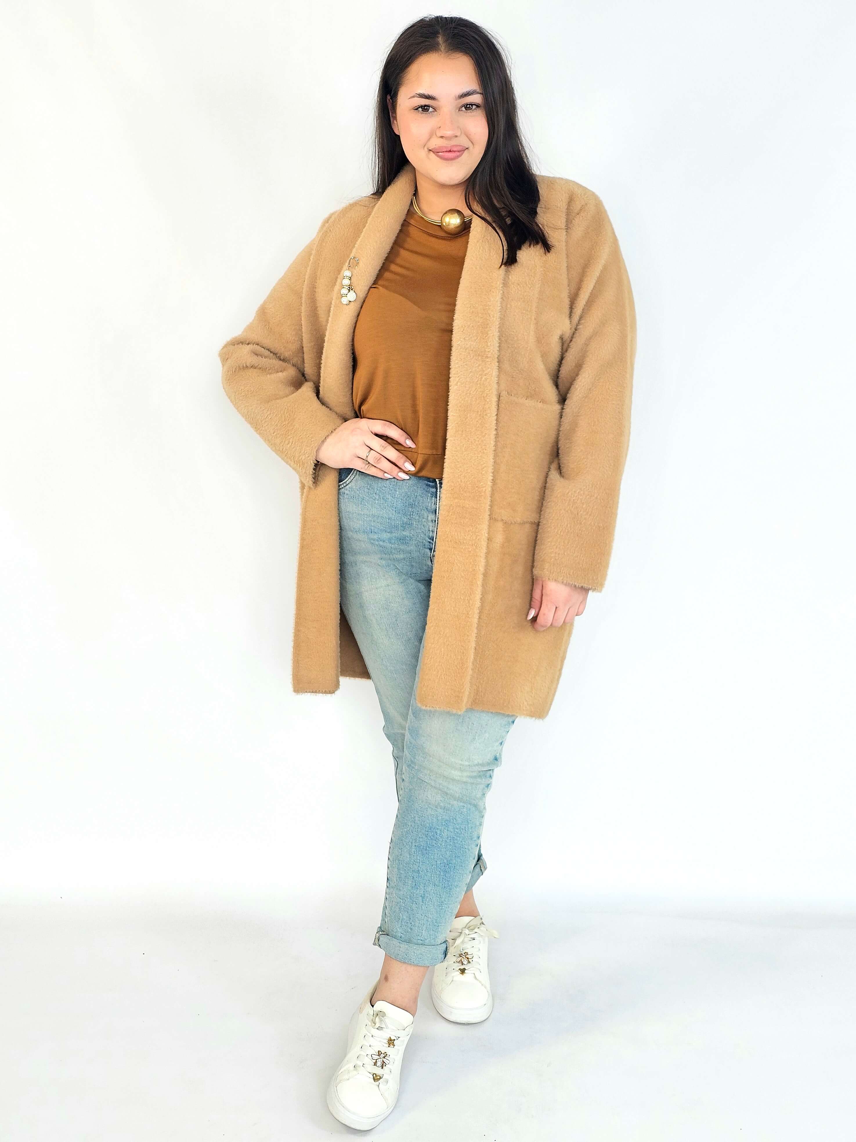 Płaszcz plus size – karmelowy płaszcz XXL alpaka oversize Stylowa XL