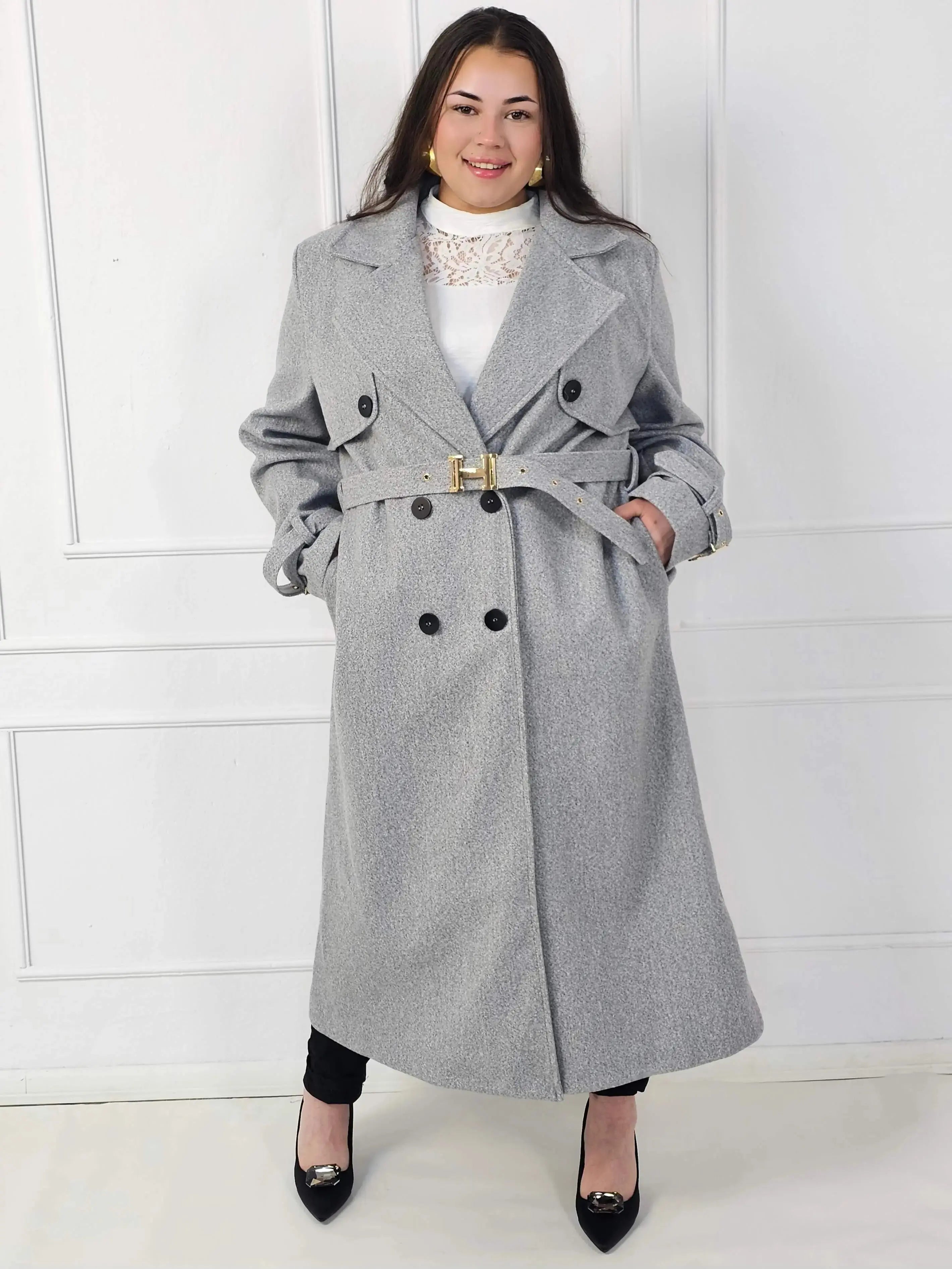 Płaszcz plus size dwurzędowy z paskiem – elegancki płaszcz XXL Stylowa XL