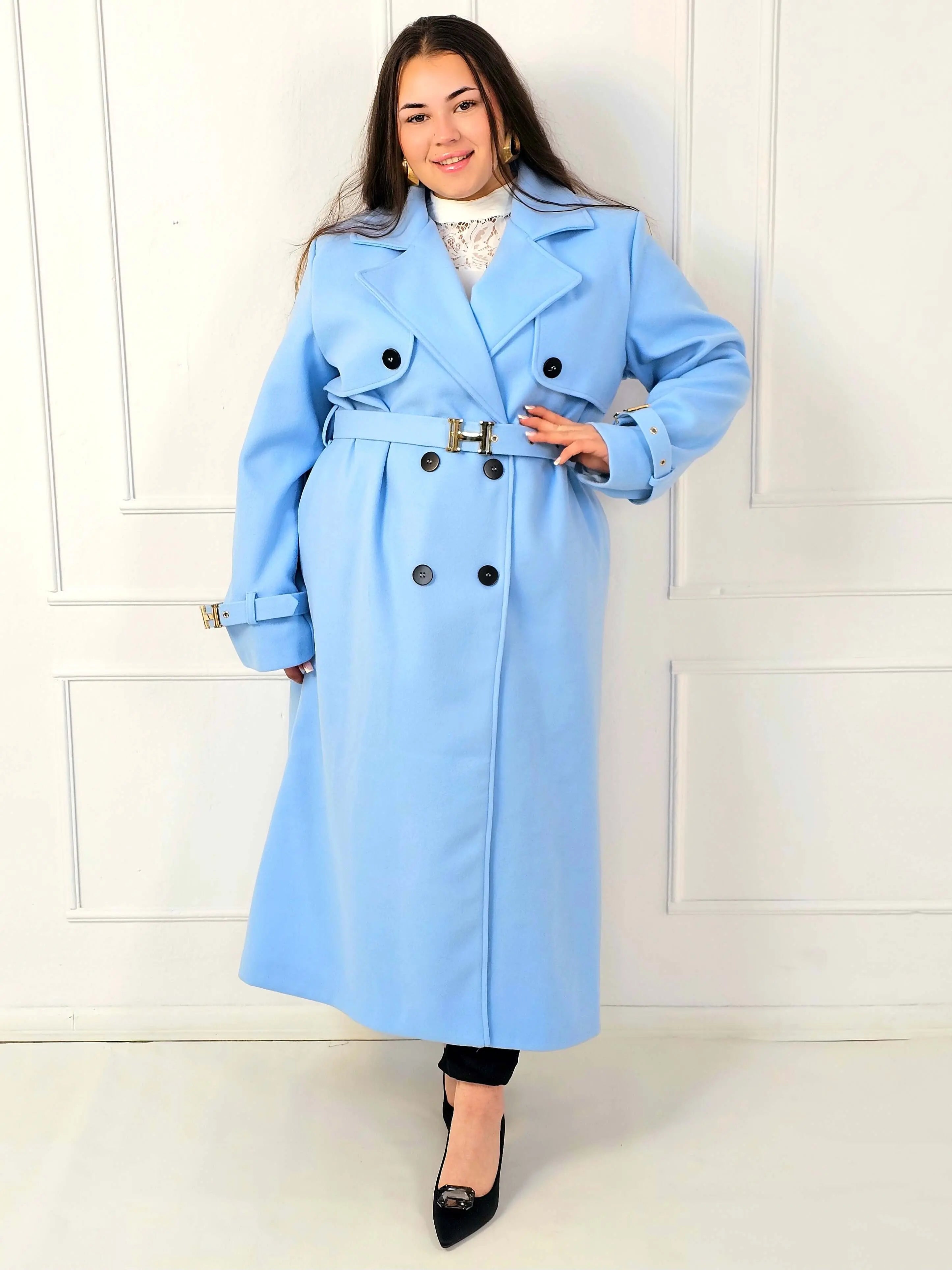 Płaszcz plus size dwurzędowy z paskiem – elegancki płaszcz XXL Stylowa XL