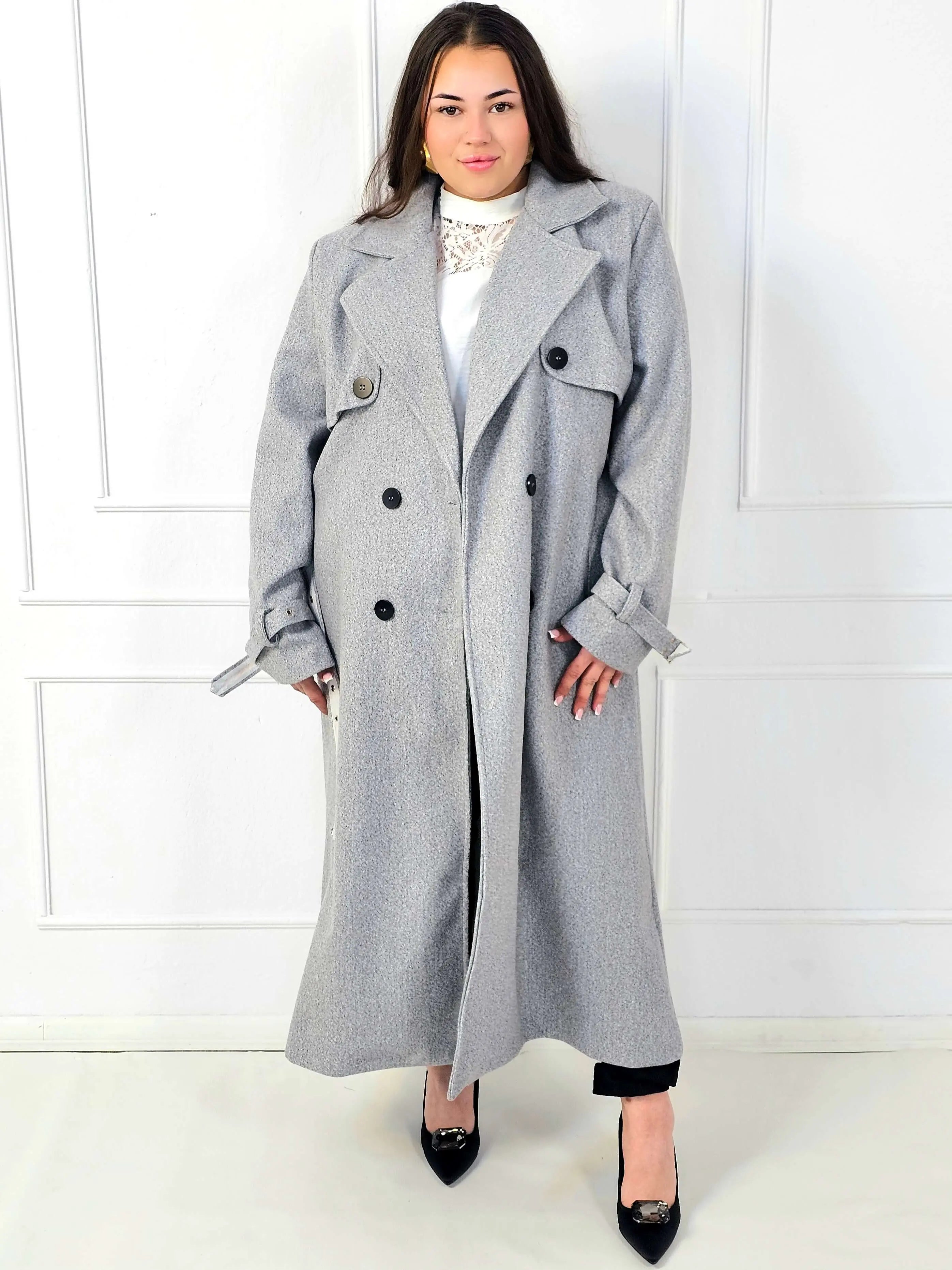 Płaszcz plus size dwurzędowy z paskiem – elegancki płaszcz XXL Stylowa XL