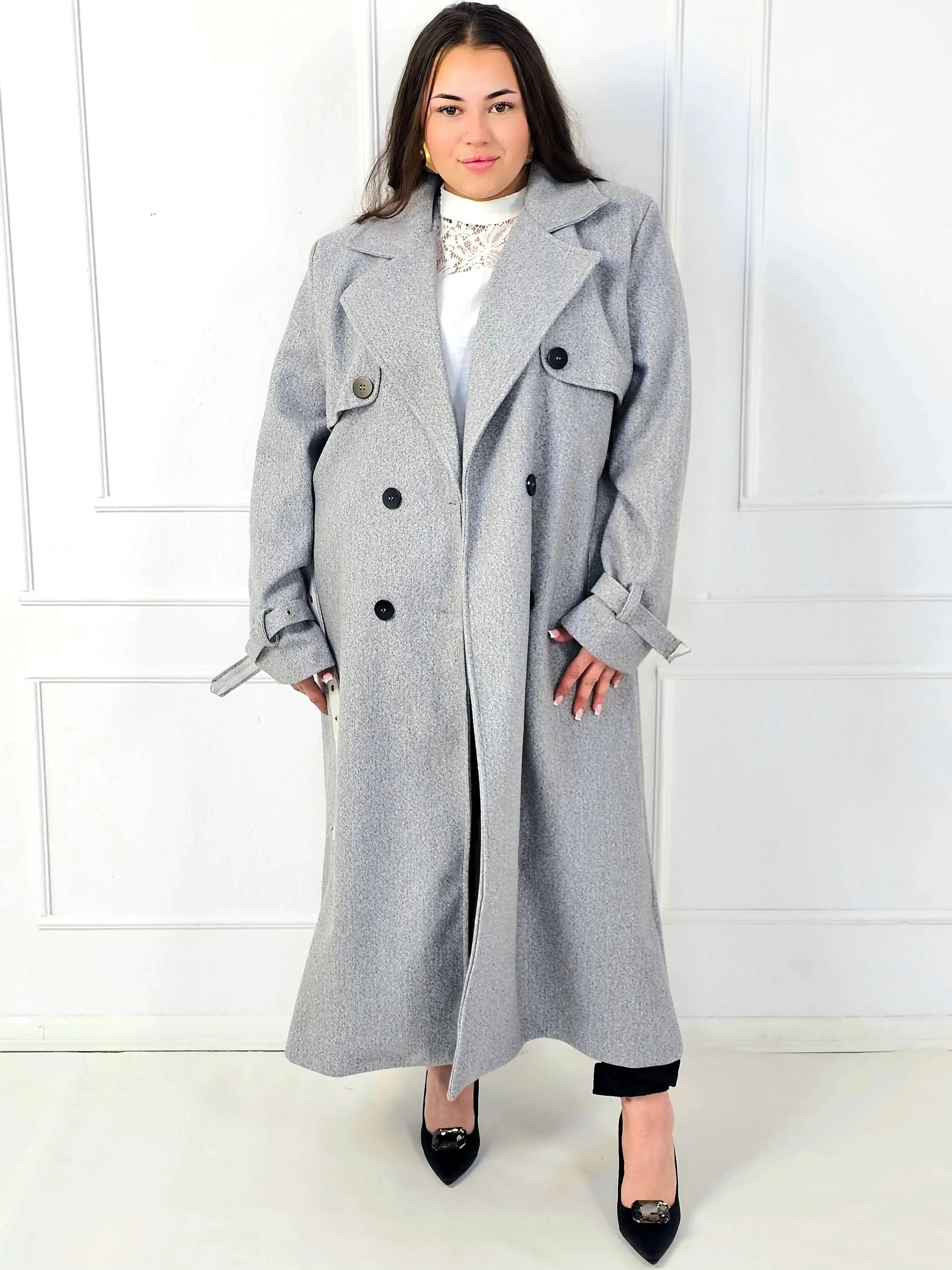 Płaszcz plus size dwurzędowy z paskiem – elegancki płaszcz XXL Stylowa XL