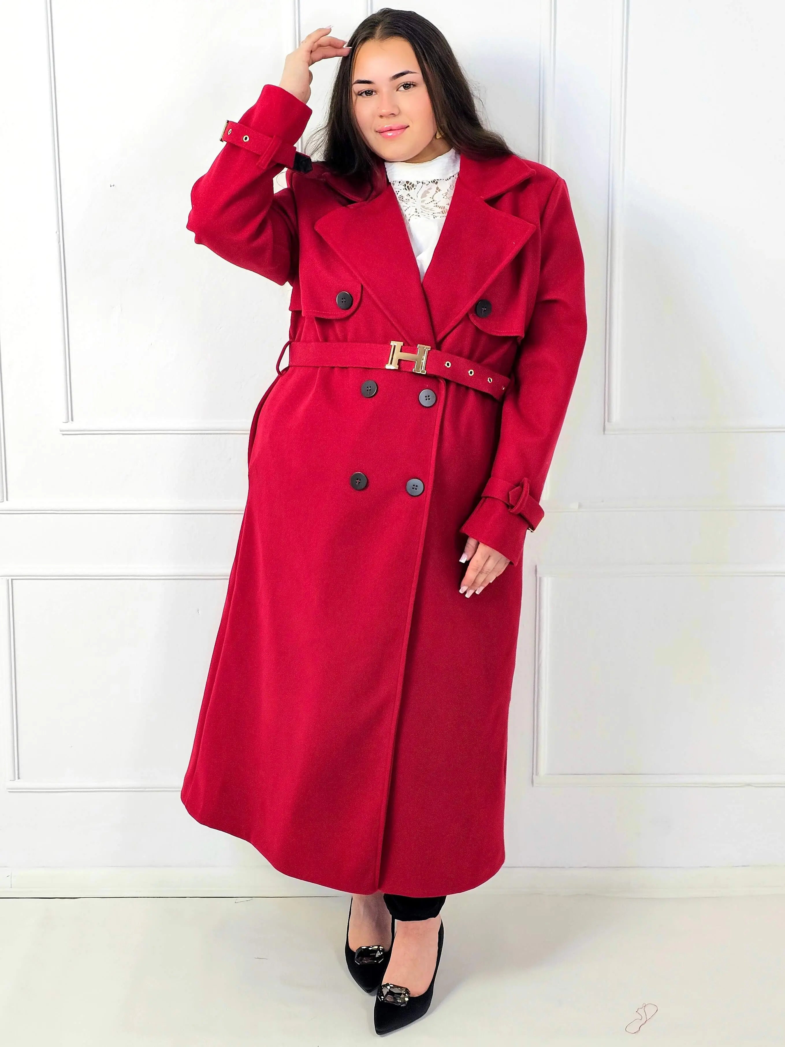 Płaszcz plus size dwurzędowy z paskiem – elegancki płaszcz XXL Stylowa XL