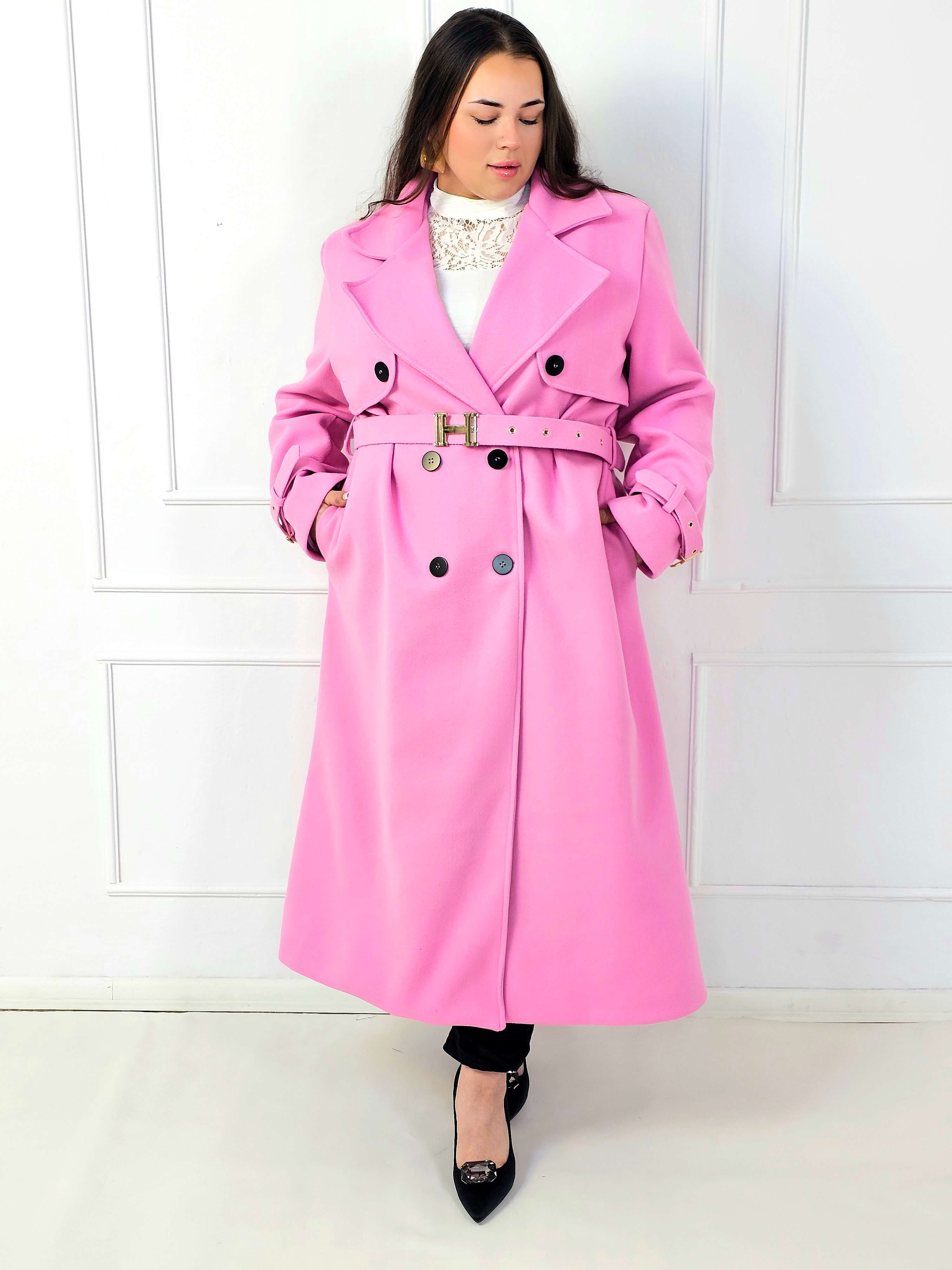 Płaszcz plus size dwurzędowy z paskiem – elegancki płaszcz XXL Stylowa XL