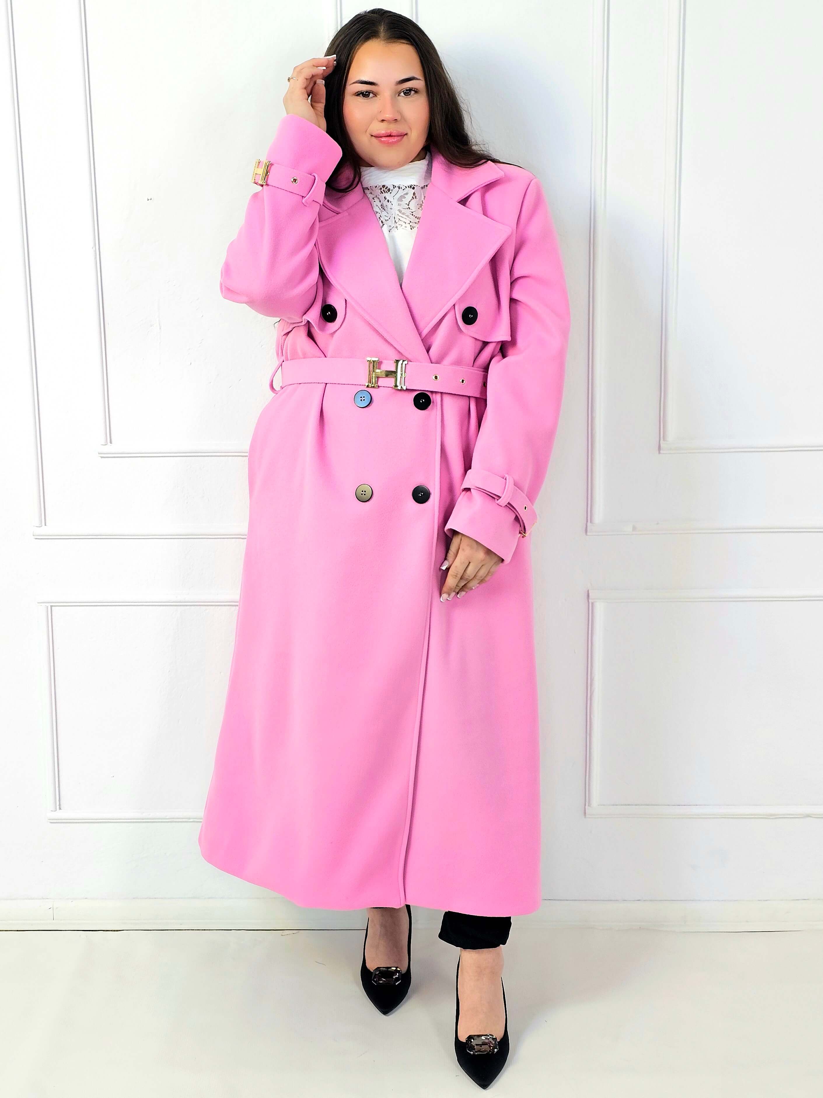 Płaszcz plus size dwurzędowy z paskiem – elegancki płaszcz XXL Stylowa XL