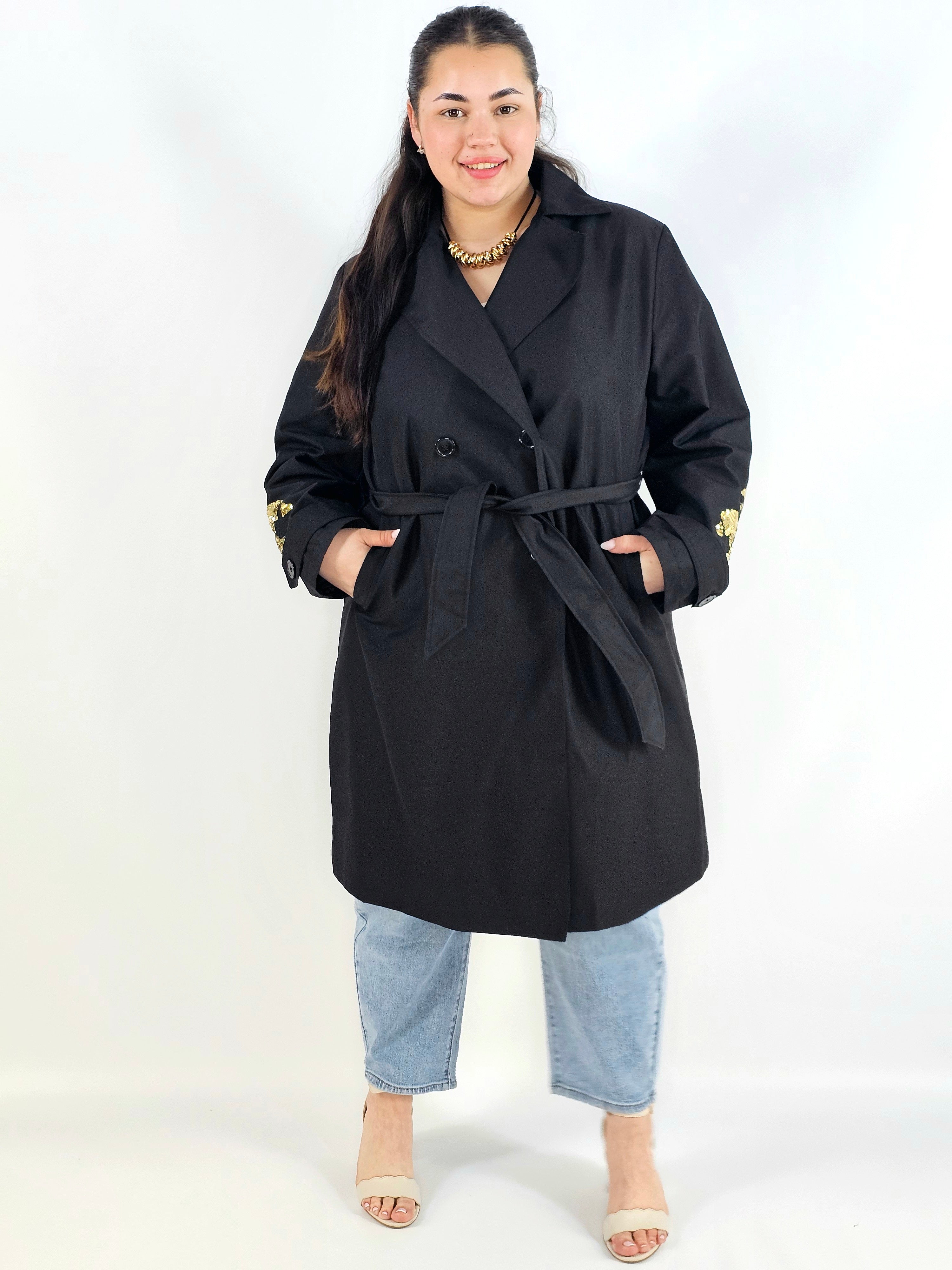 Płaszcz plus size z paskiem – elegancki płaszcz XXL z haftem na rękawie Stylowa XL