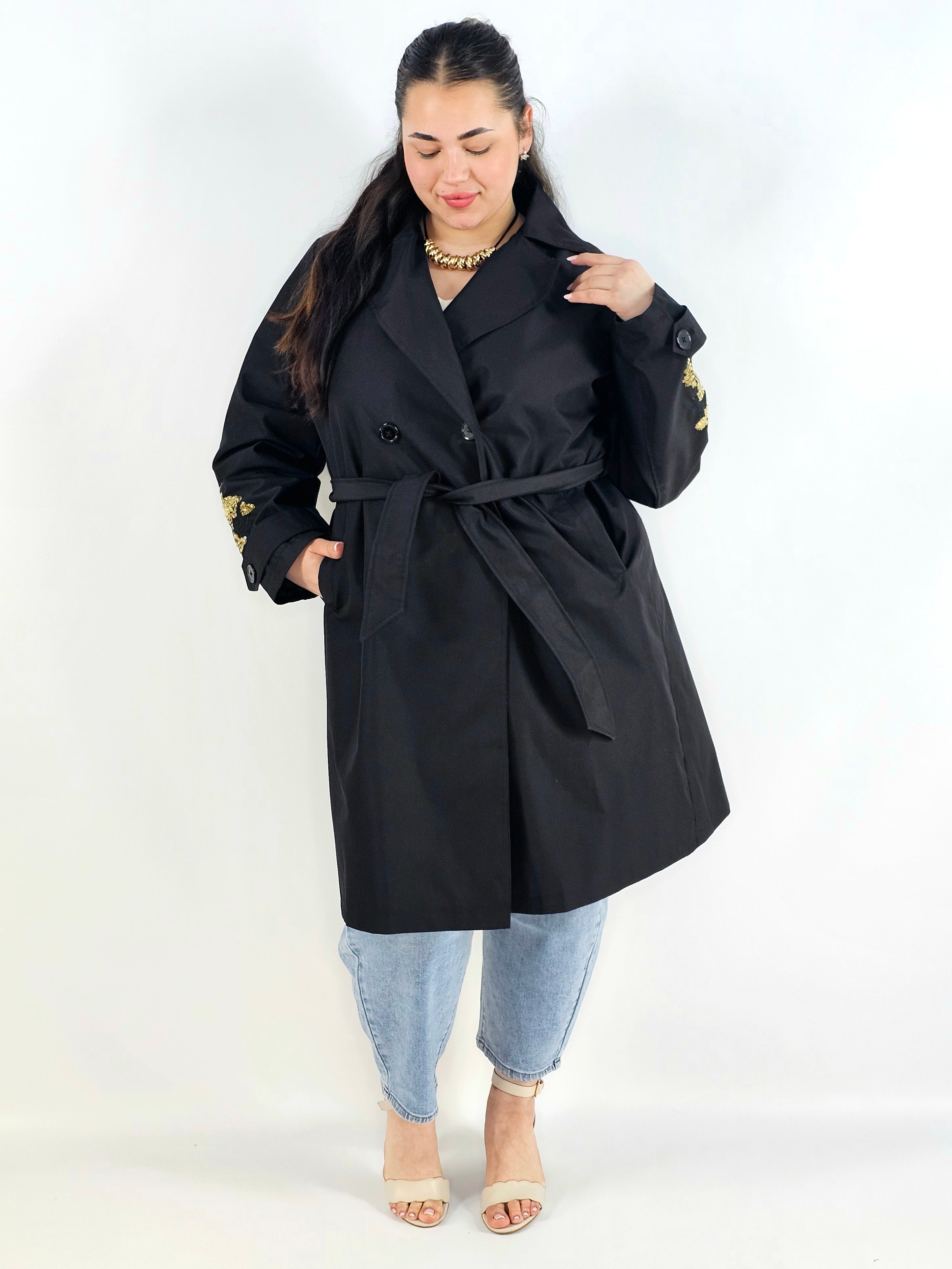 Płaszcz plus size z paskiem – elegancki płaszcz XXL z haftem na rękawie Stylowa XL