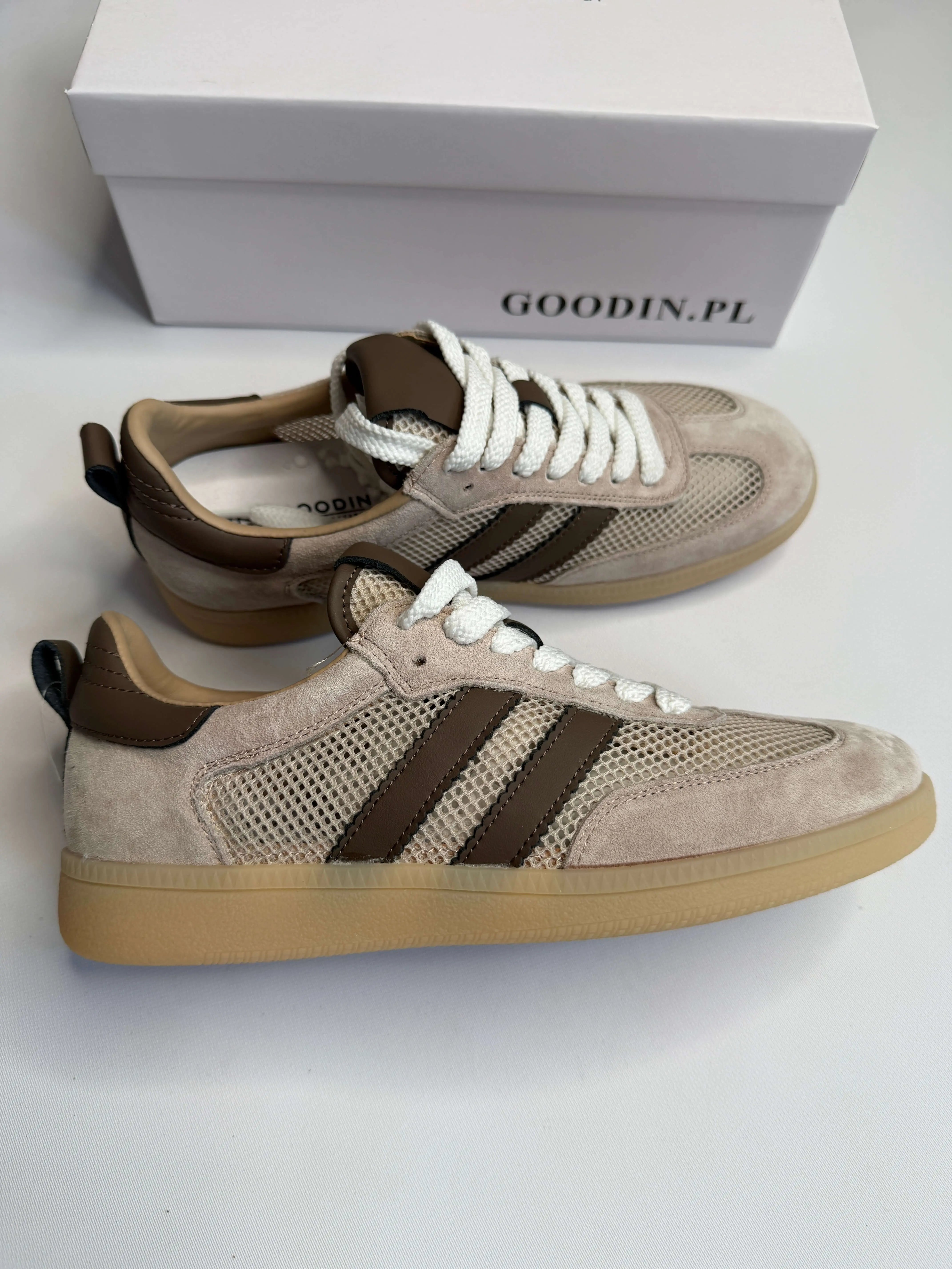 Sneakersy damskie beżowe z siateczką i brązowymi paskami Goodin Stylowa XL