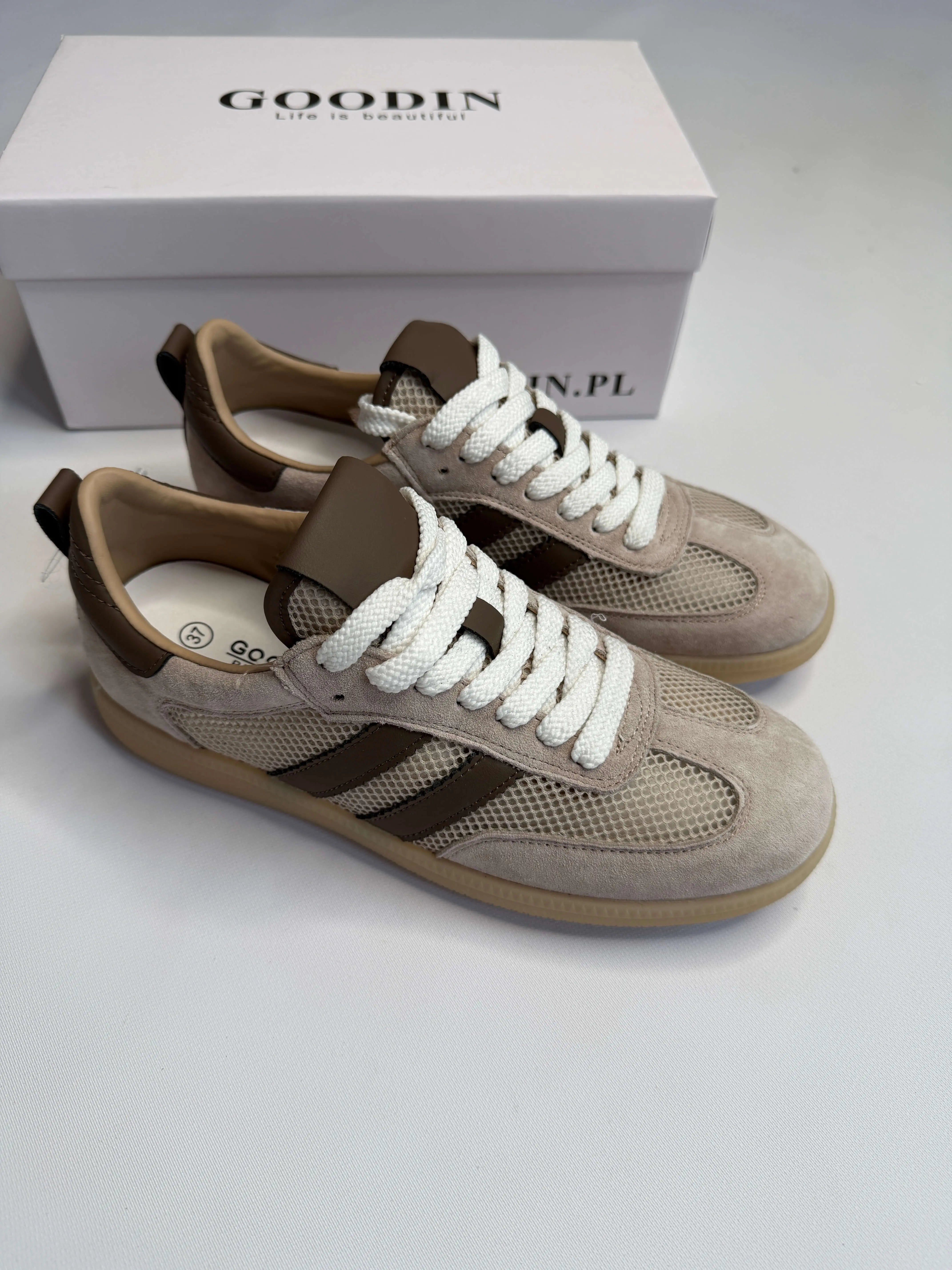 Sneakersy damskie beżowe z siateczką i brązowymi paskami Goodin Stylowa XL