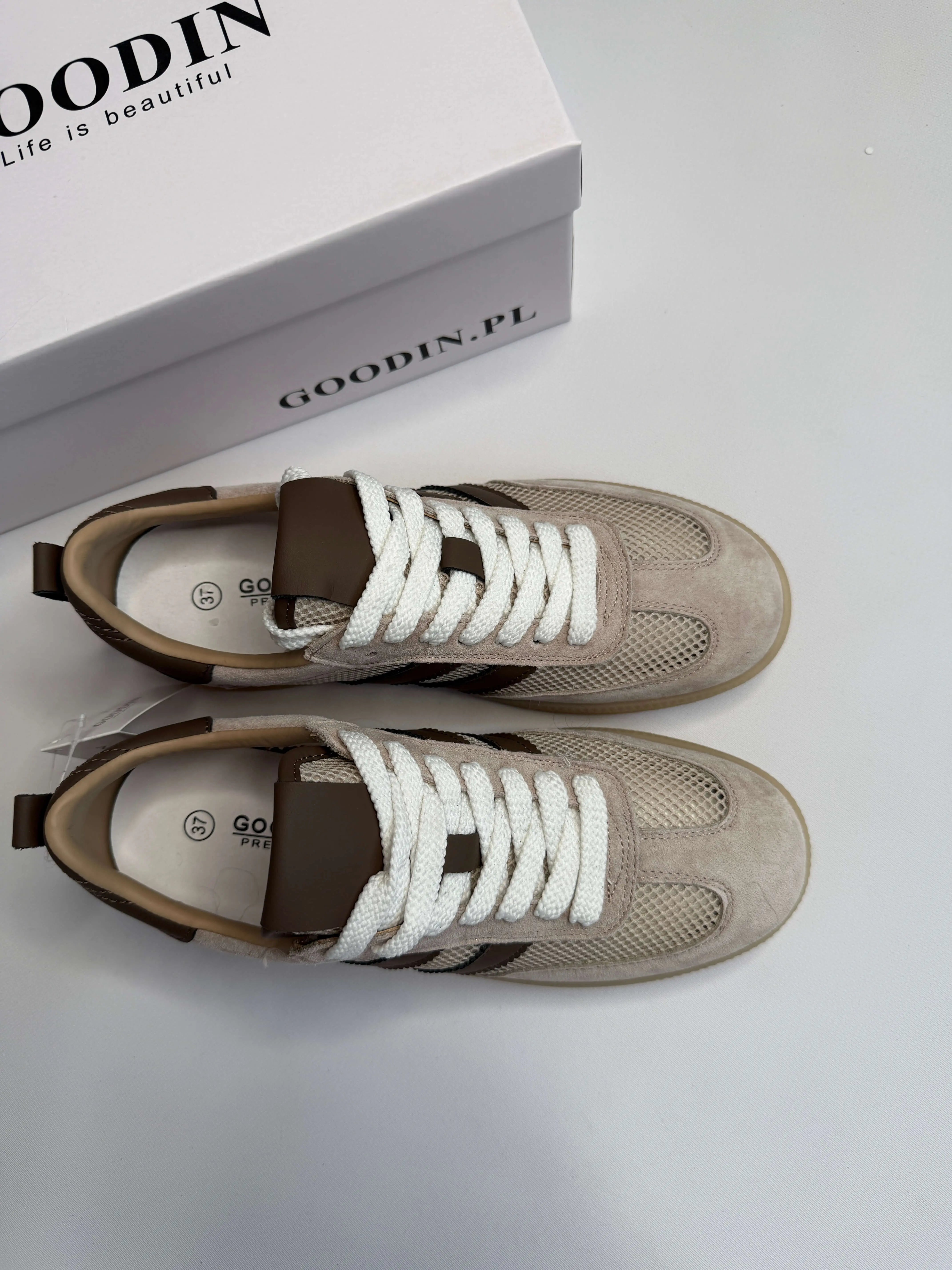 Sneakersy damskie beżowe z siateczką i brązowymi paskami Goodin Stylowa XL