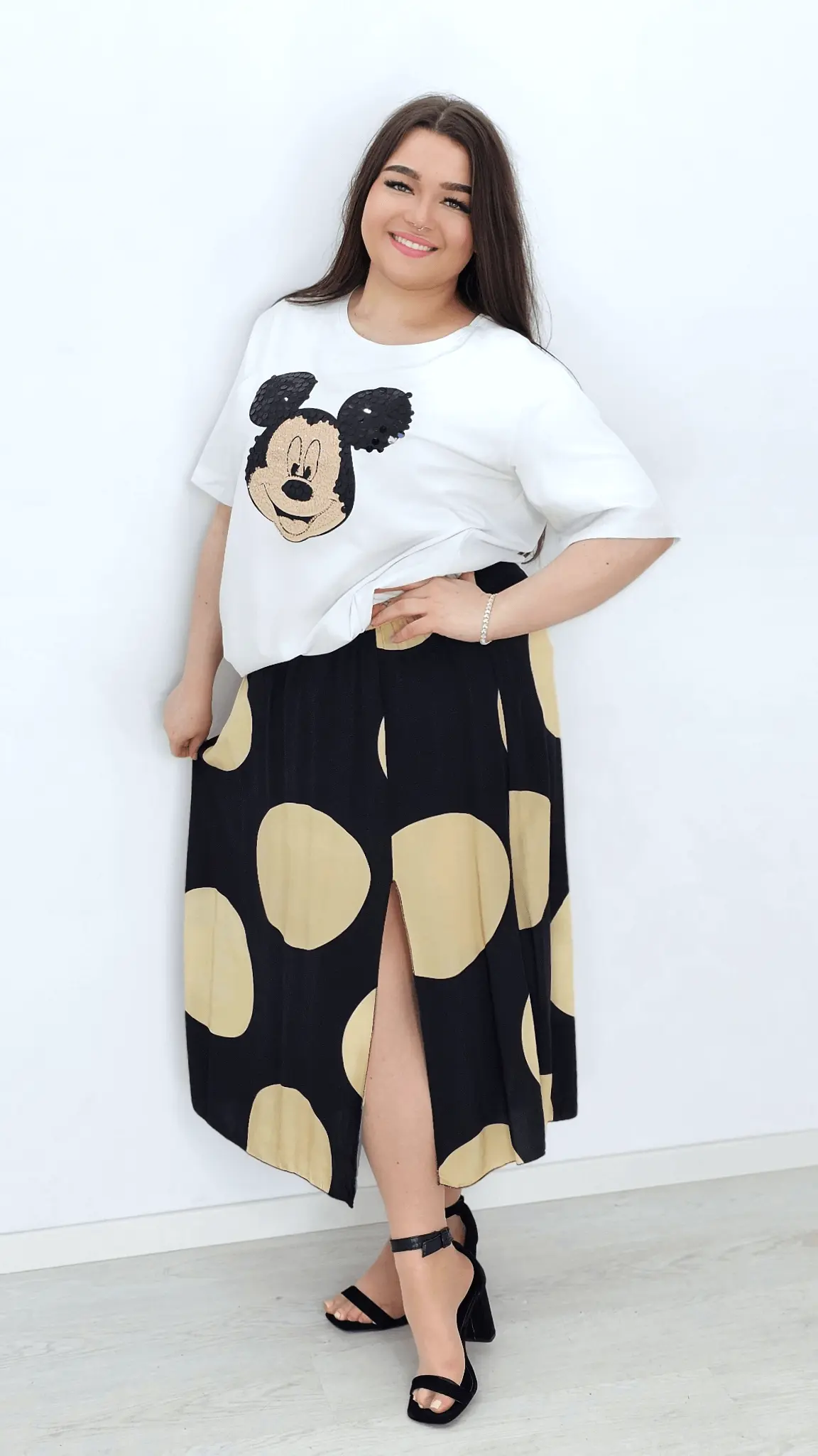 Spódnica wiskozowa - beżowe grochy Stylowa XL