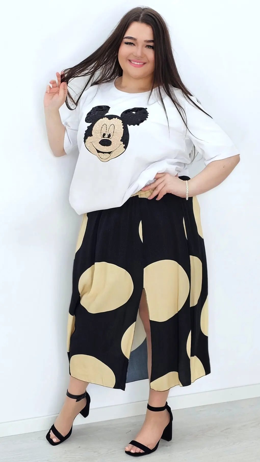 Spódnica wiskozowa - beżowe grochy Stylowa XL