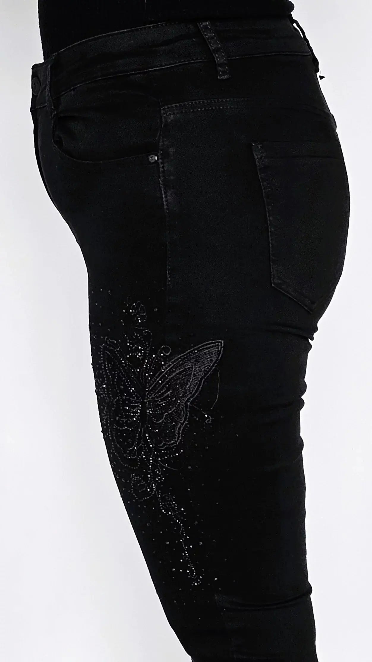 Spodnie czarne z kwiatem z cyrkonii na boku Stylowa XL