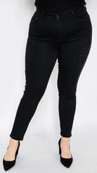 Spodnie czarne z kwiatem z cyrkonii na boku Stylowa XL