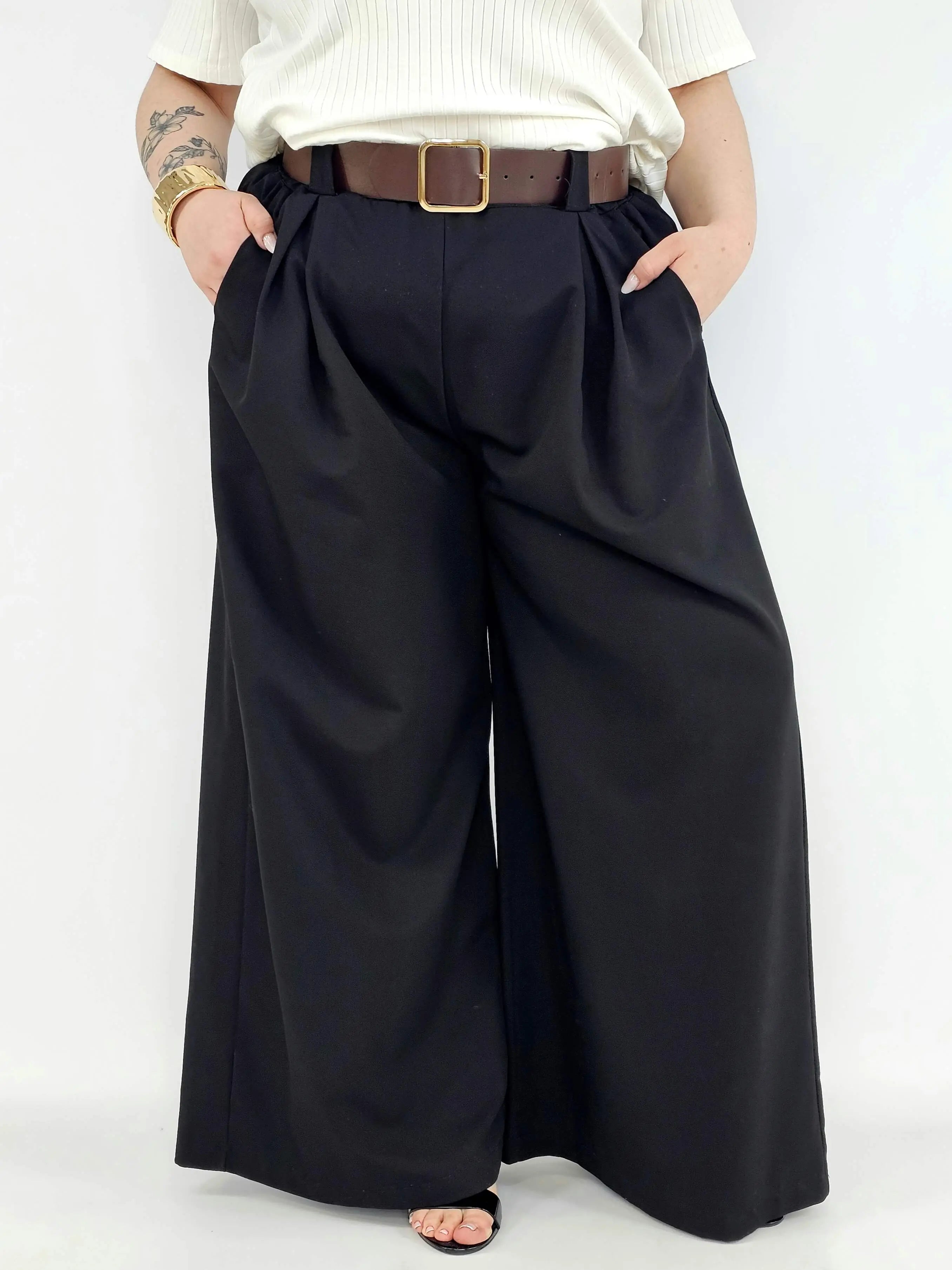 Spodnie plus size szerokie palazzo z wysokim stanem – eleganckie spodnie XXL Stylowa XL