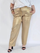 Spodnie plus size z połyskiem – eleganckie spodnie damskie XXL z wysokim stanem Stylowa XL