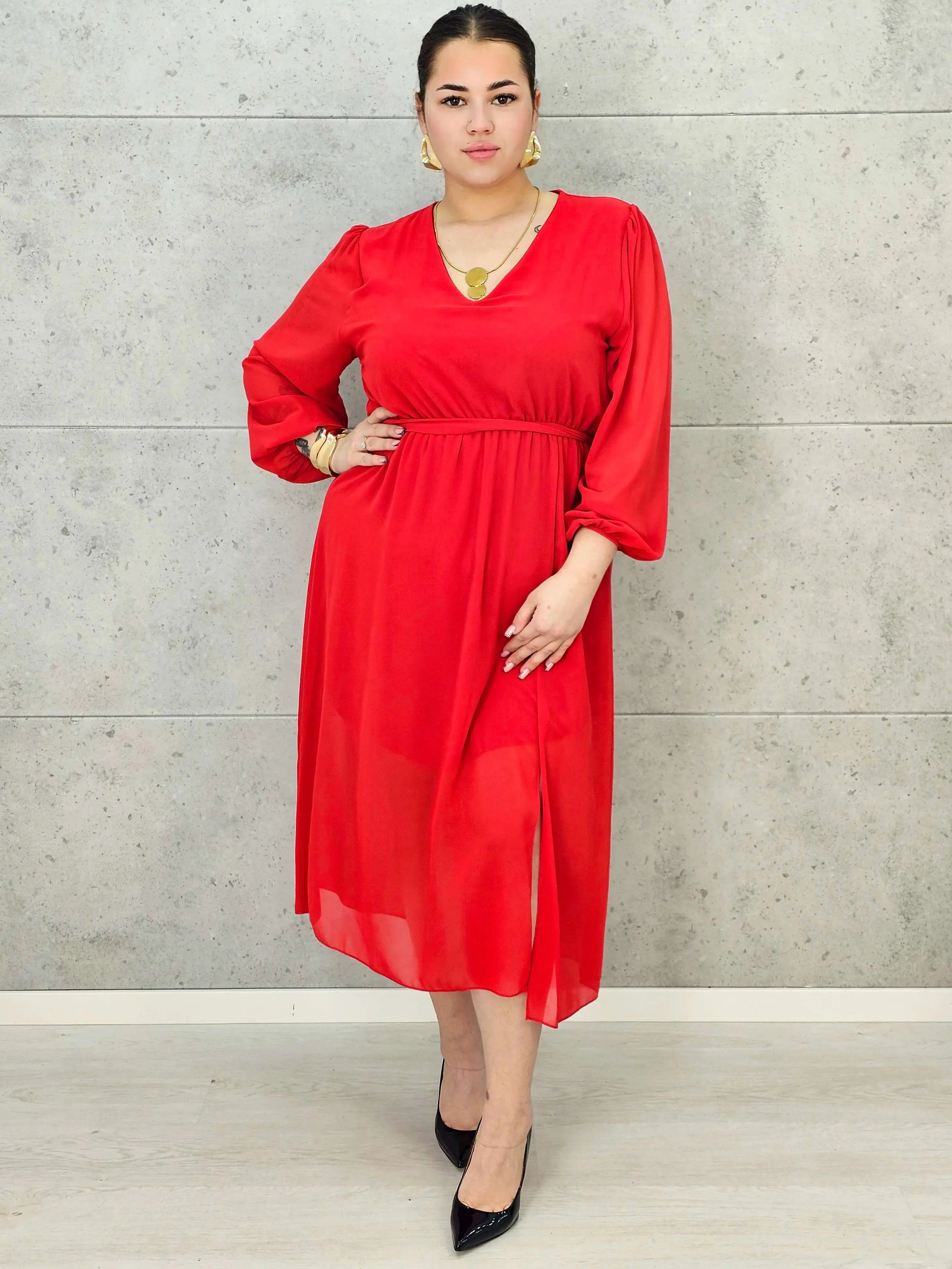Sukienka Plus Size Dekolt w Serek – Talia z Gumką, Pasek, Podszewka XXL Stylowa XL
