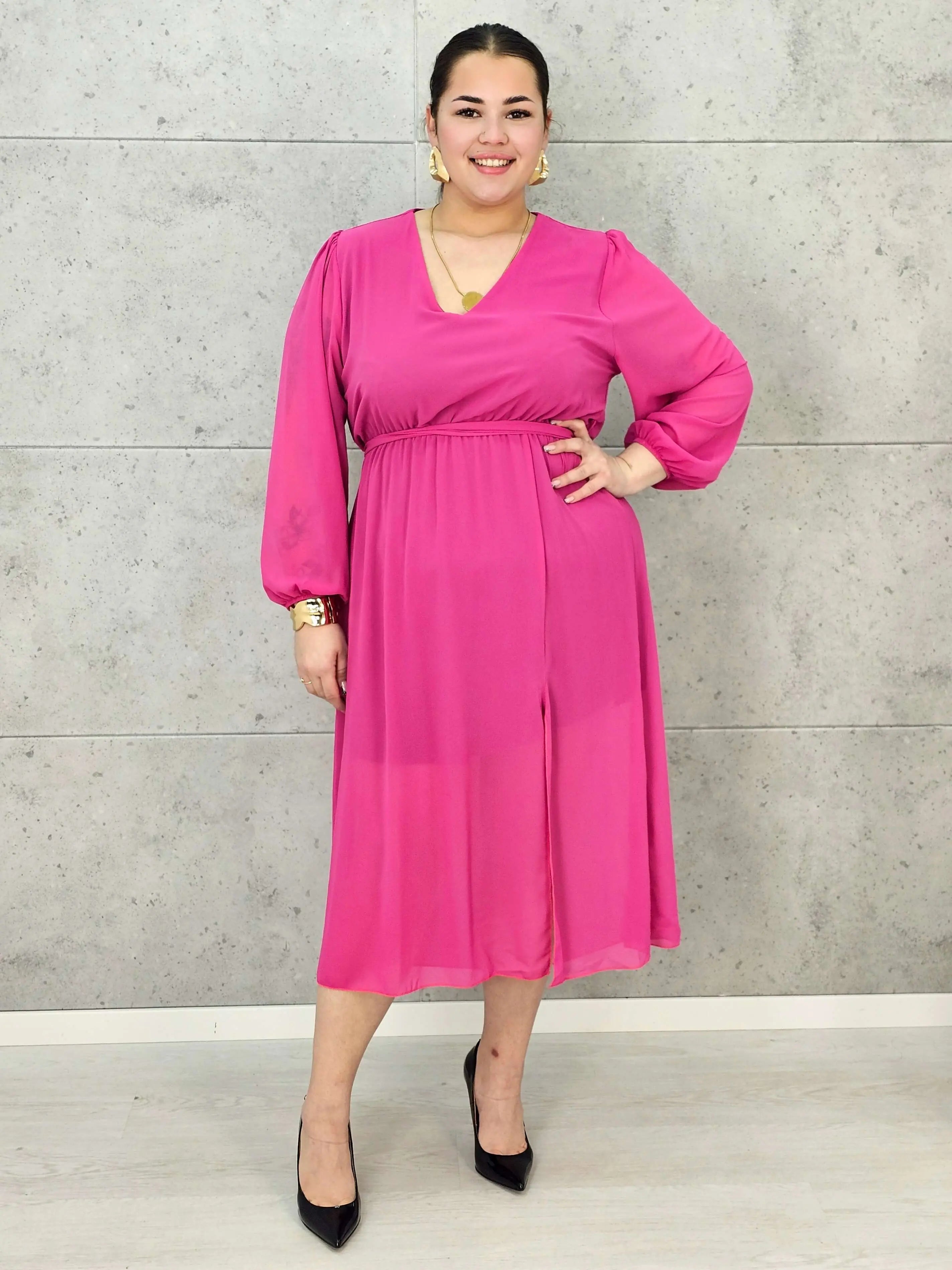 Sukienka Plus Size Dekolt w Serek – Talia z Gumką, Pasek, Podszewka XXL Stylowa XL