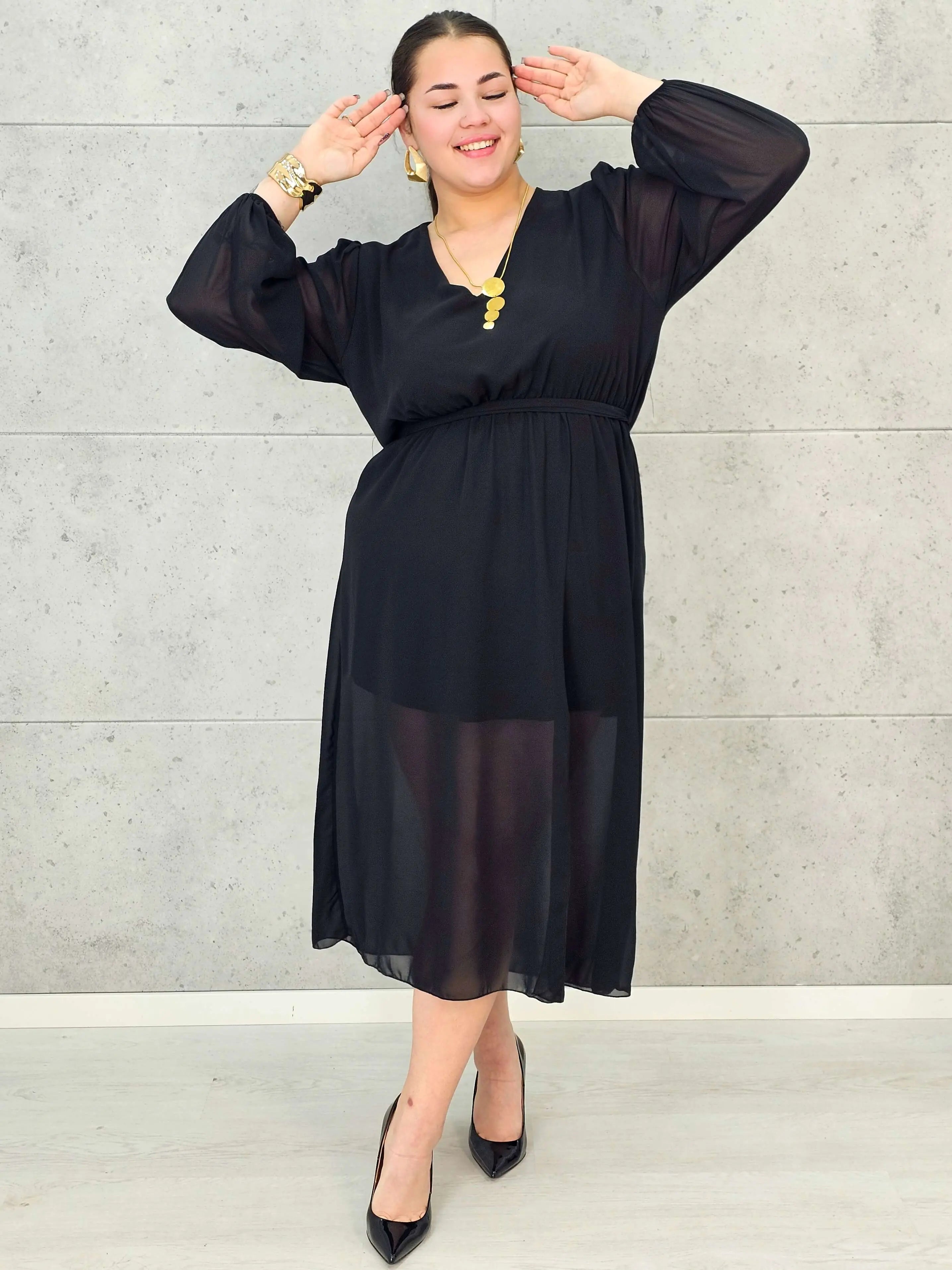 Sukienka Plus Size Dekolt w Serek – Talia z Gumką, Pasek, Podszewka XXL Stylowa XL