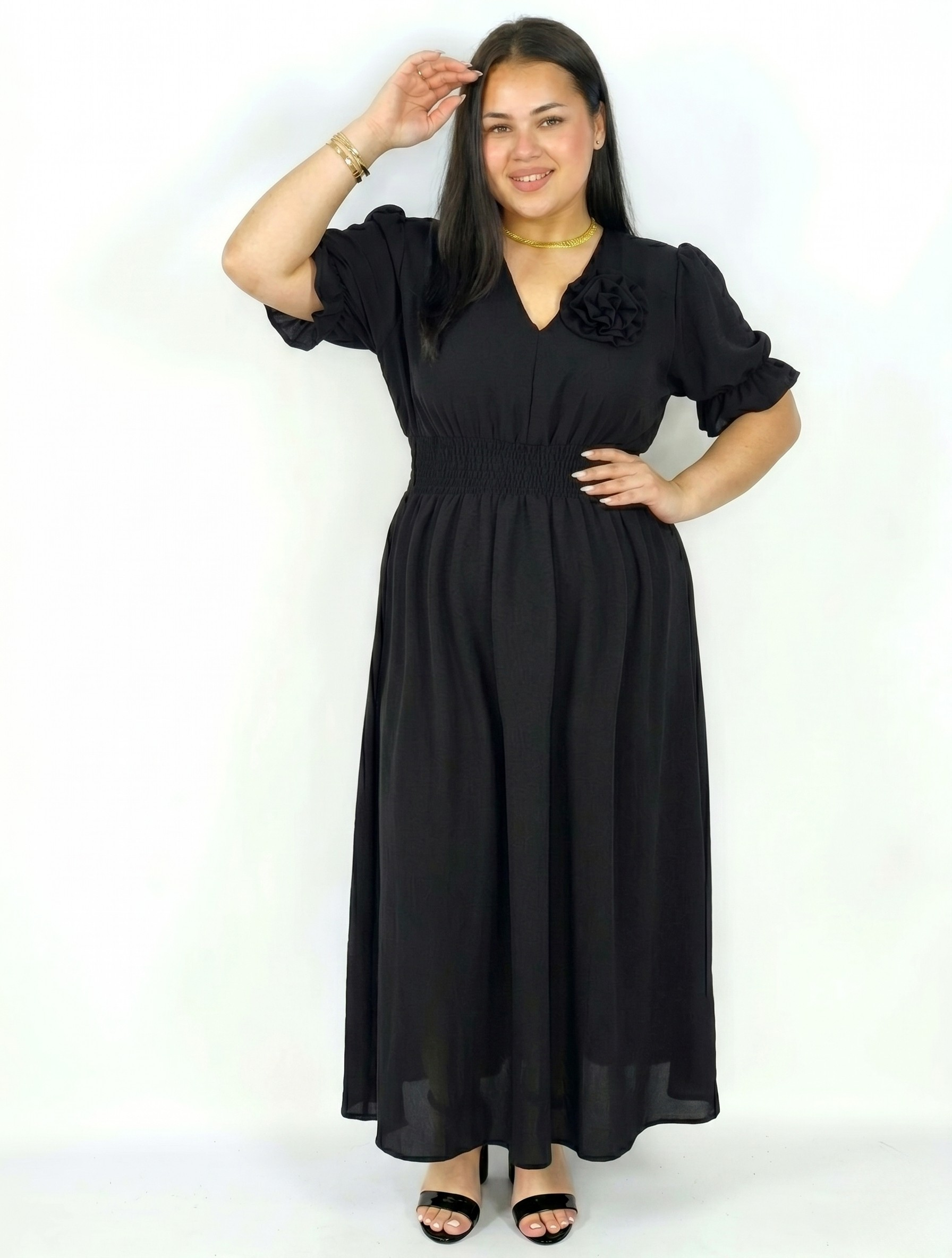 Sukienka Plus Size Midi Z Marszczoną Talią I Kwiatem Stylowa XL