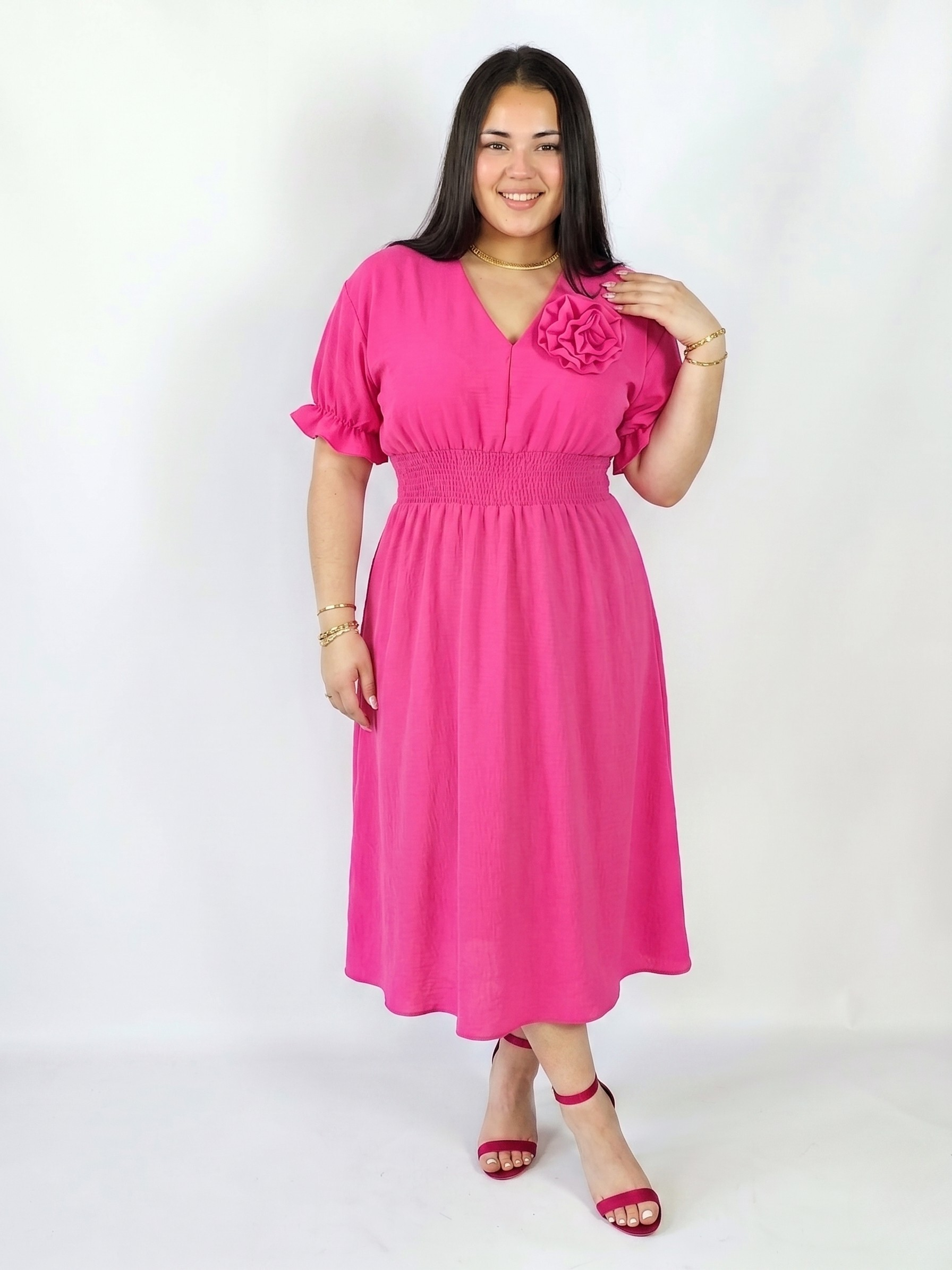 Sukienka Plus Size Midi Z Marszczoną Talią I Kwiatem Stylowa XL