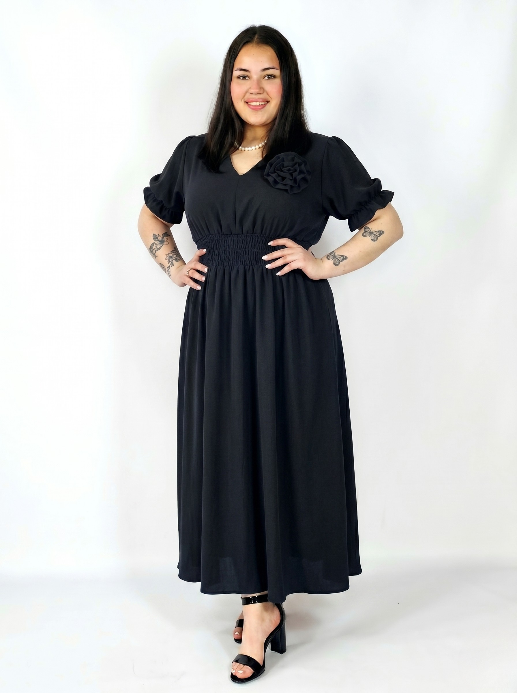 Sukienka Plus Size Midi Z Marszczoną Talią I Kwiatem Stylowa XL