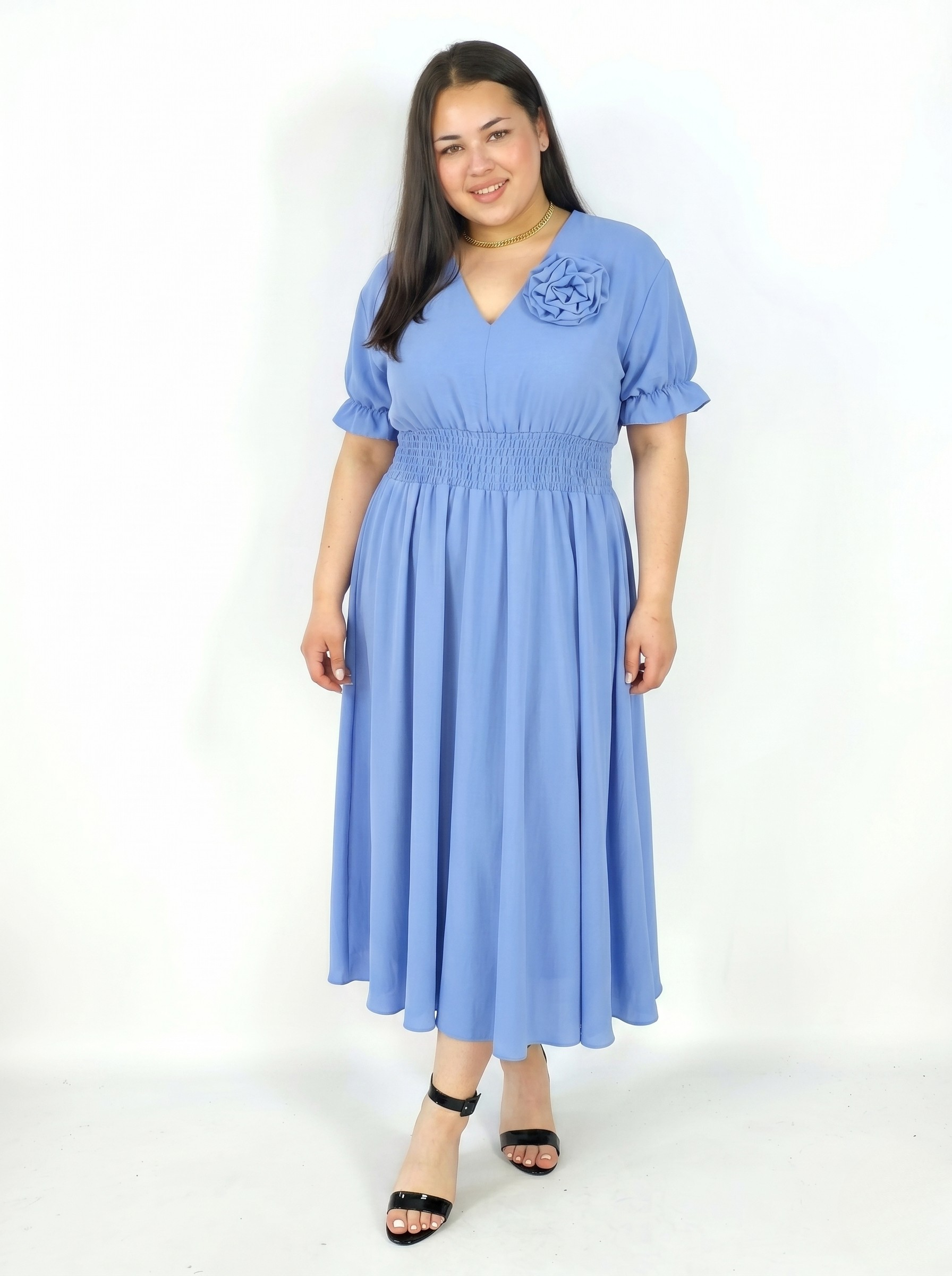 Sukienka Plus Size Midi Z Marszczoną Talią I Kwiatem Stylowa XL