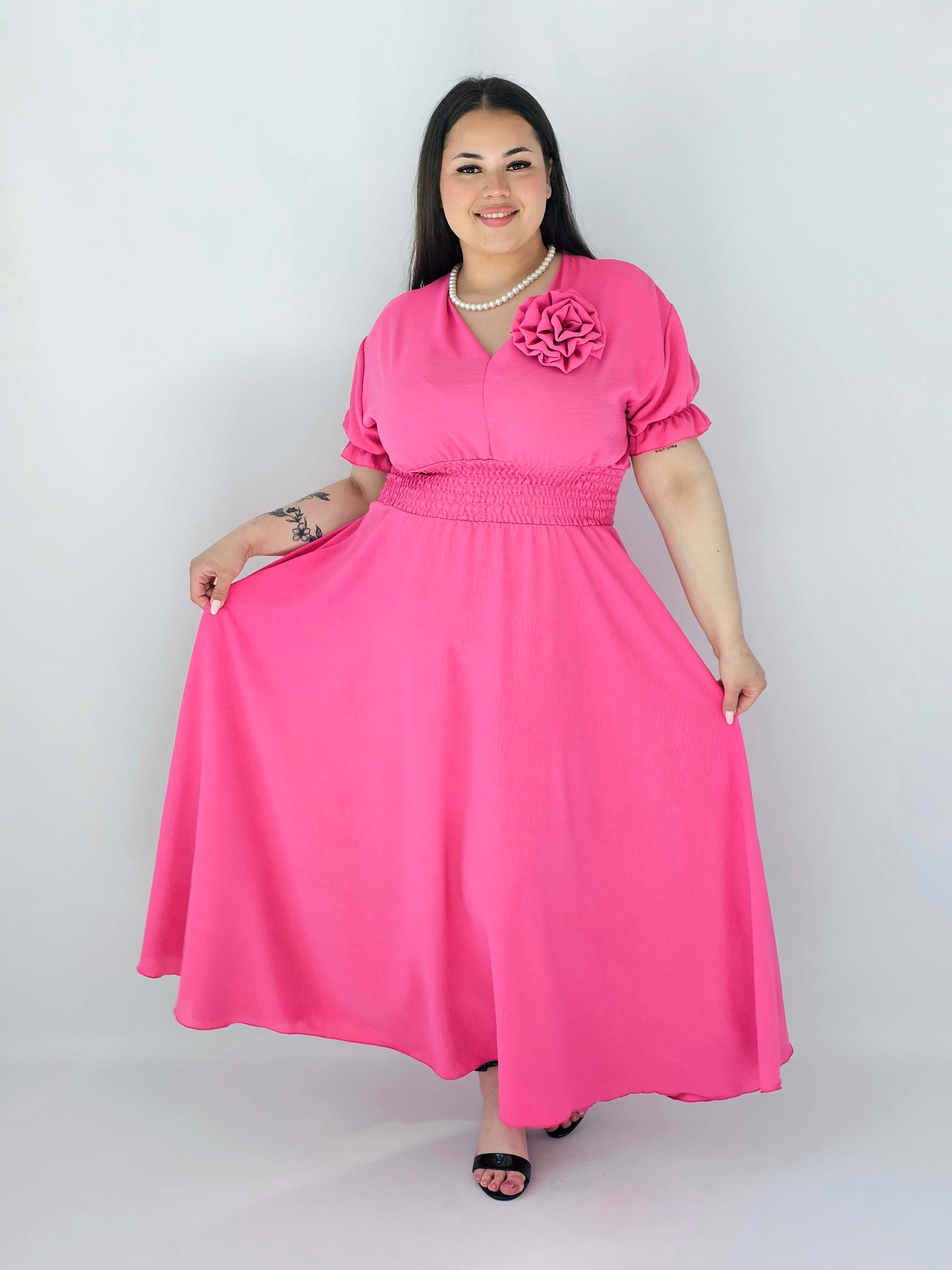 Sukienka Plus Size Midi Z Marszczoną Talią I Kwiatem Stylowa XL