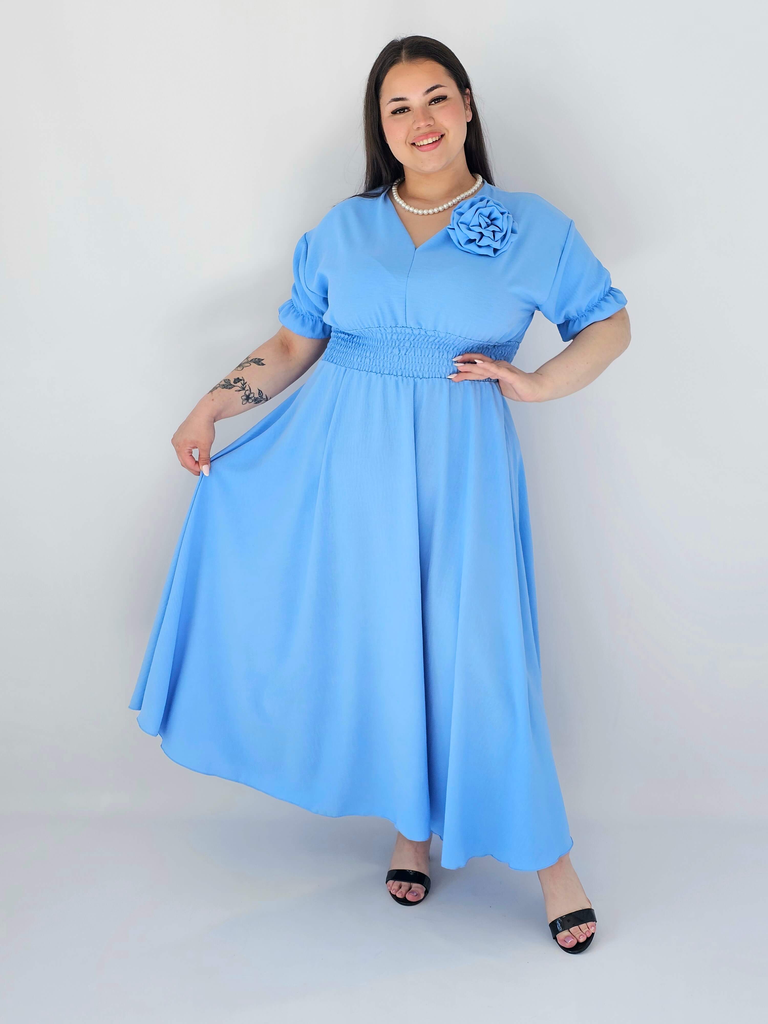Sukienka Plus Size Midi Z Marszczoną Talią I Kwiatem Stylowa XL