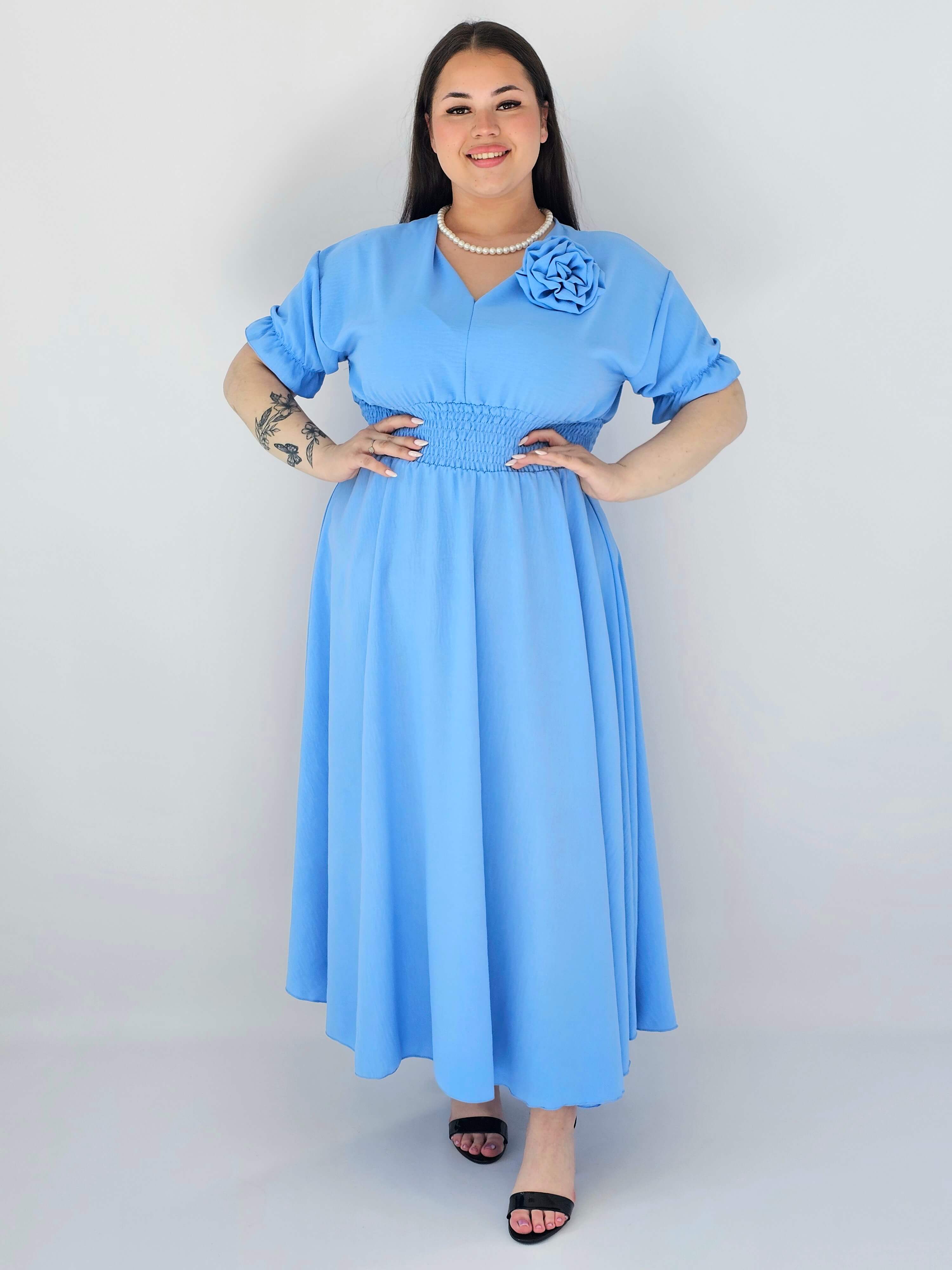 Sukienka Plus Size Midi Z Marszczoną Talią I Kwiatem Stylowa XL