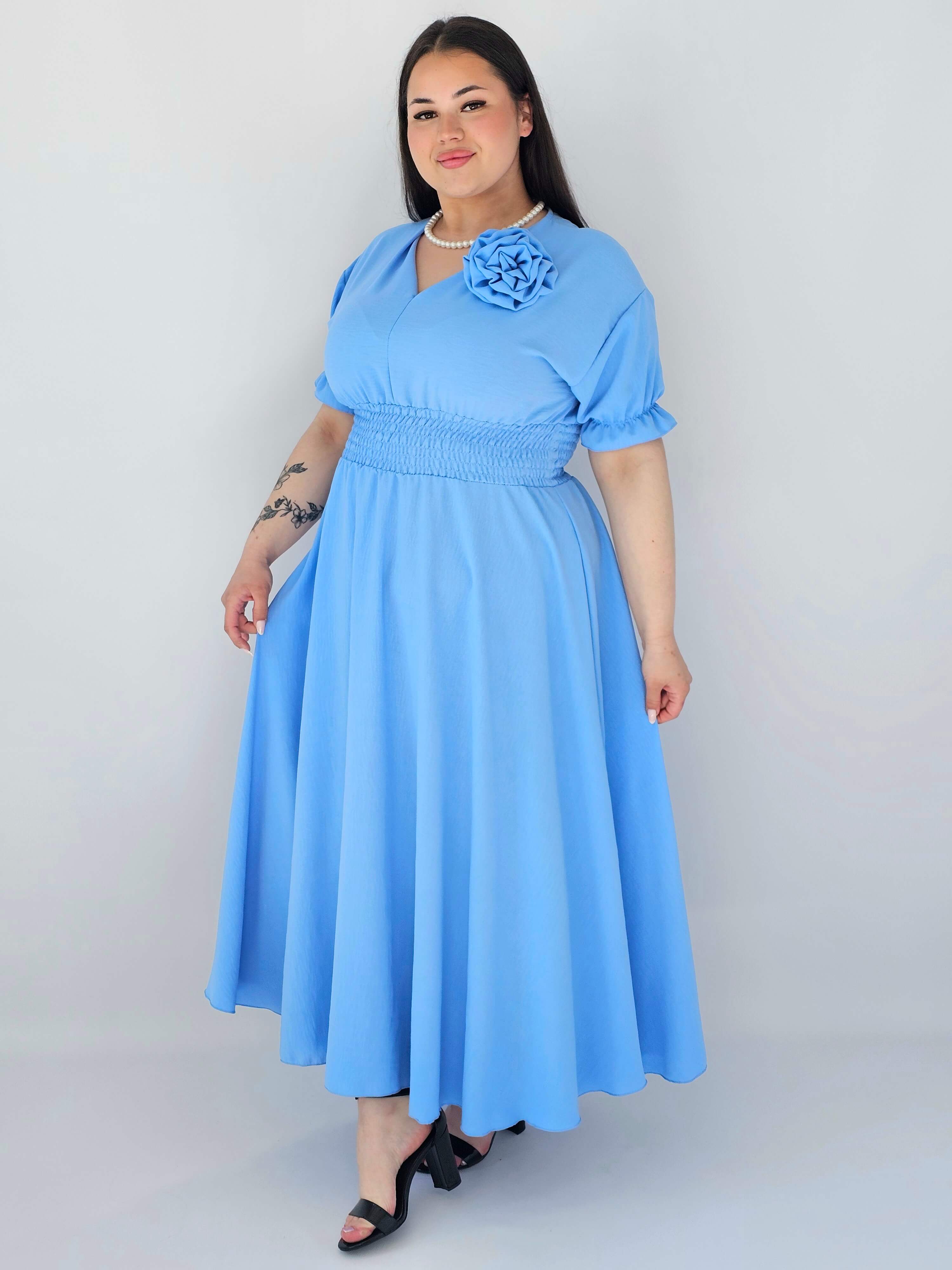 Sukienka Plus Size Midi Z Marszczoną Talią I Kwiatem Stylowa XL
