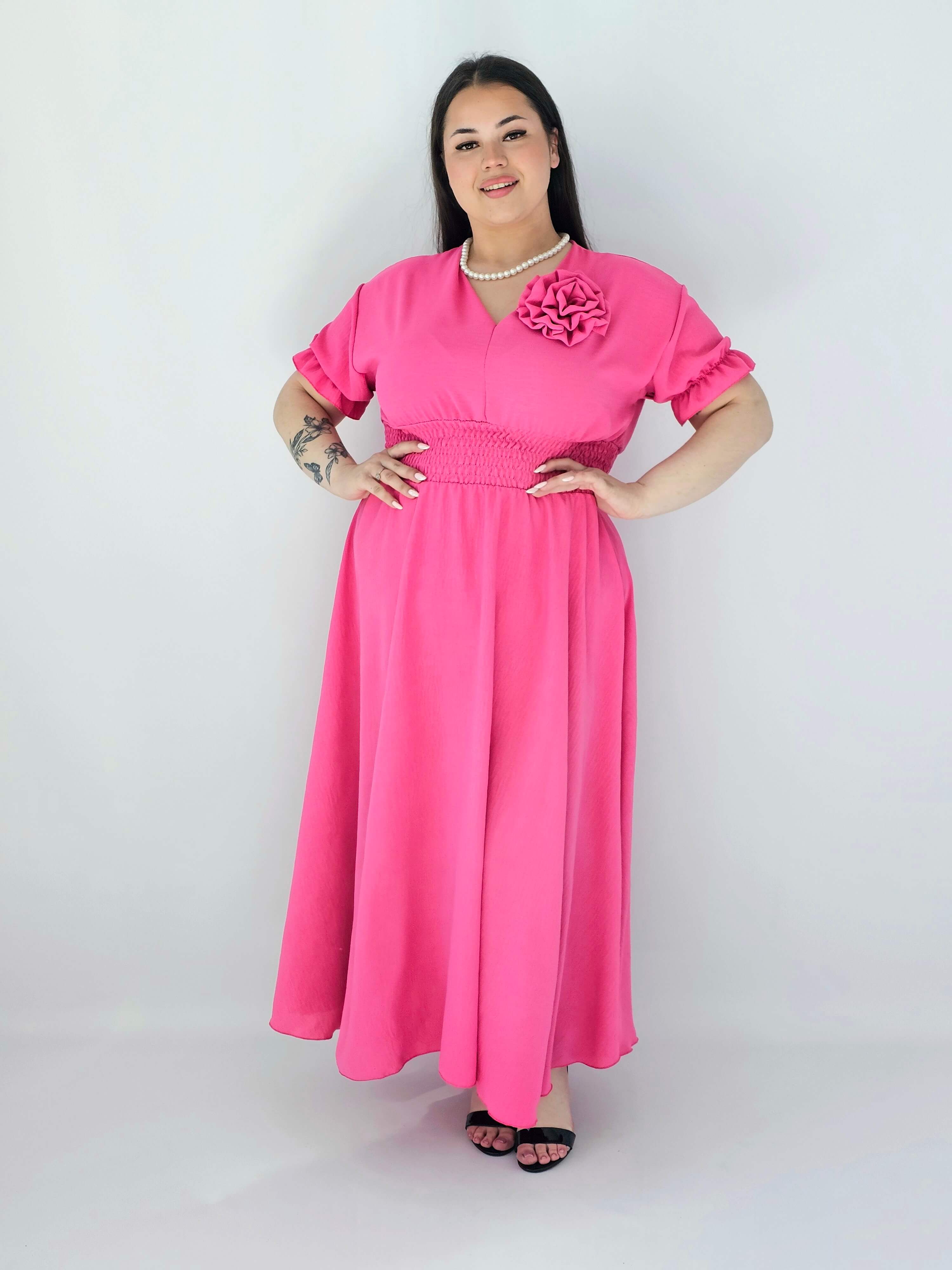 Sukienka Plus Size Midi Z Marszczoną Talią I Kwiatem Stylowa XL