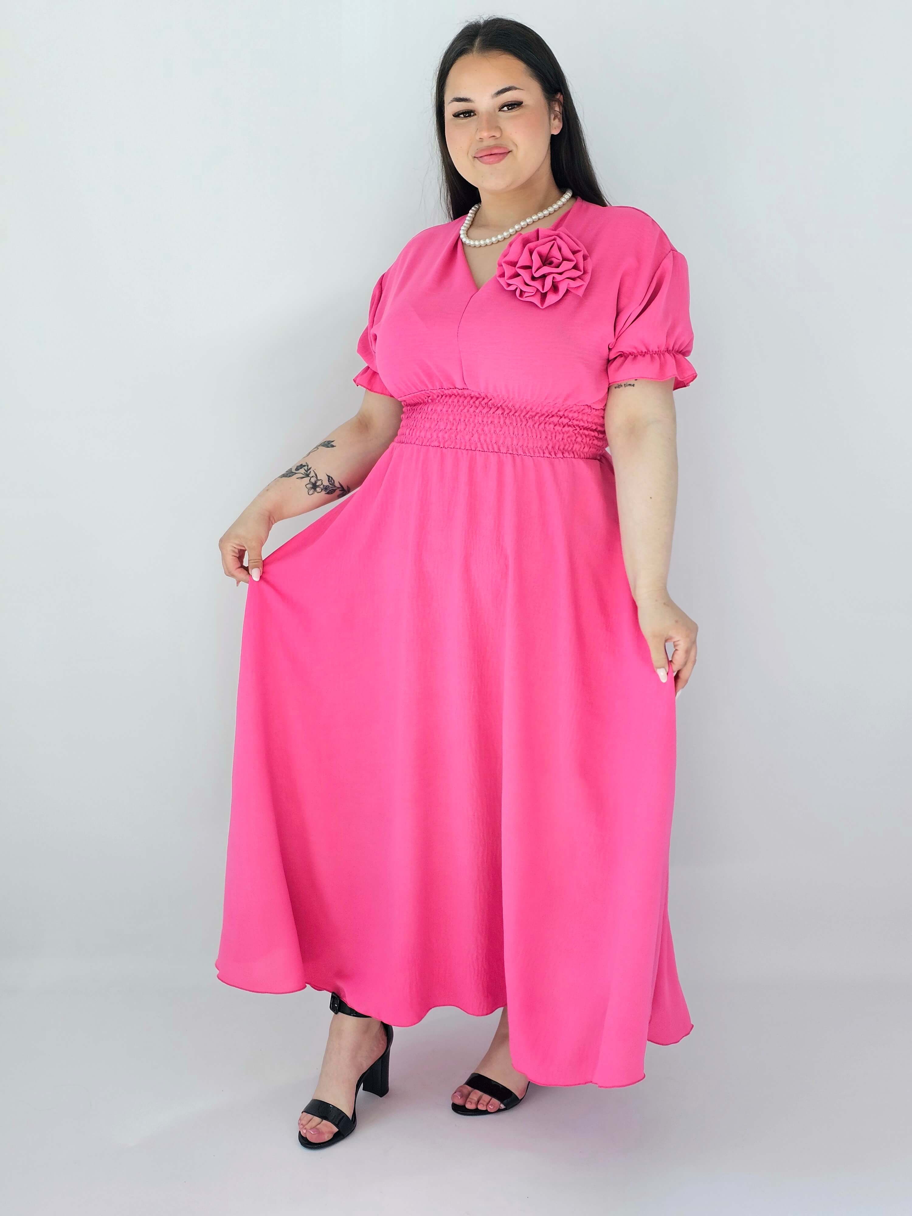 Sukienka Plus Size Midi Z Marszczoną Talią I Kwiatem Stylowa XL
