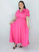 Sukienka Plus Size Midi Z Marszczoną Talią I Kwiatem Stylowa XL