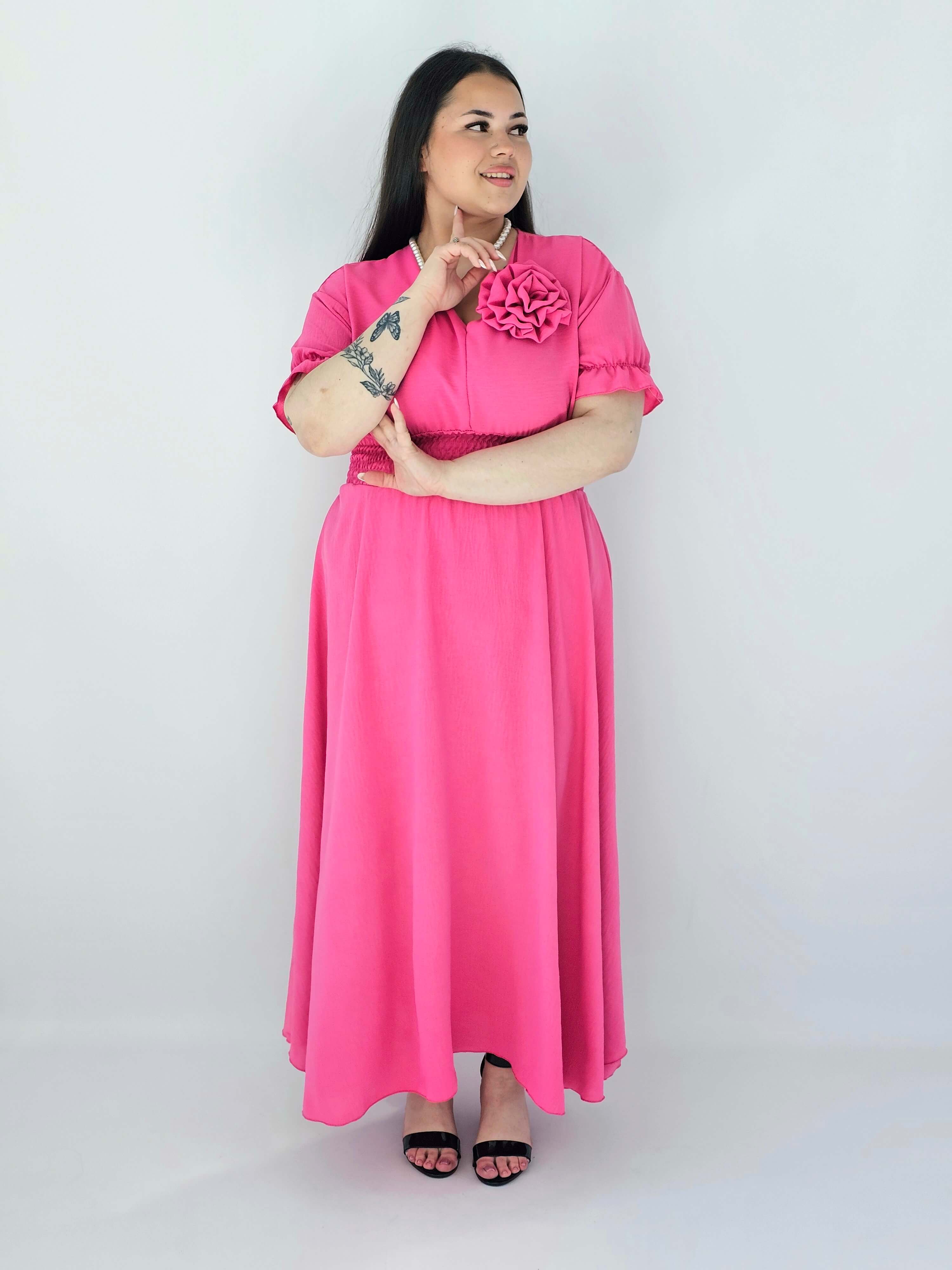 Sukienka Plus Size Midi Z Marszczoną Talią I Kwiatem Stylowa XL
