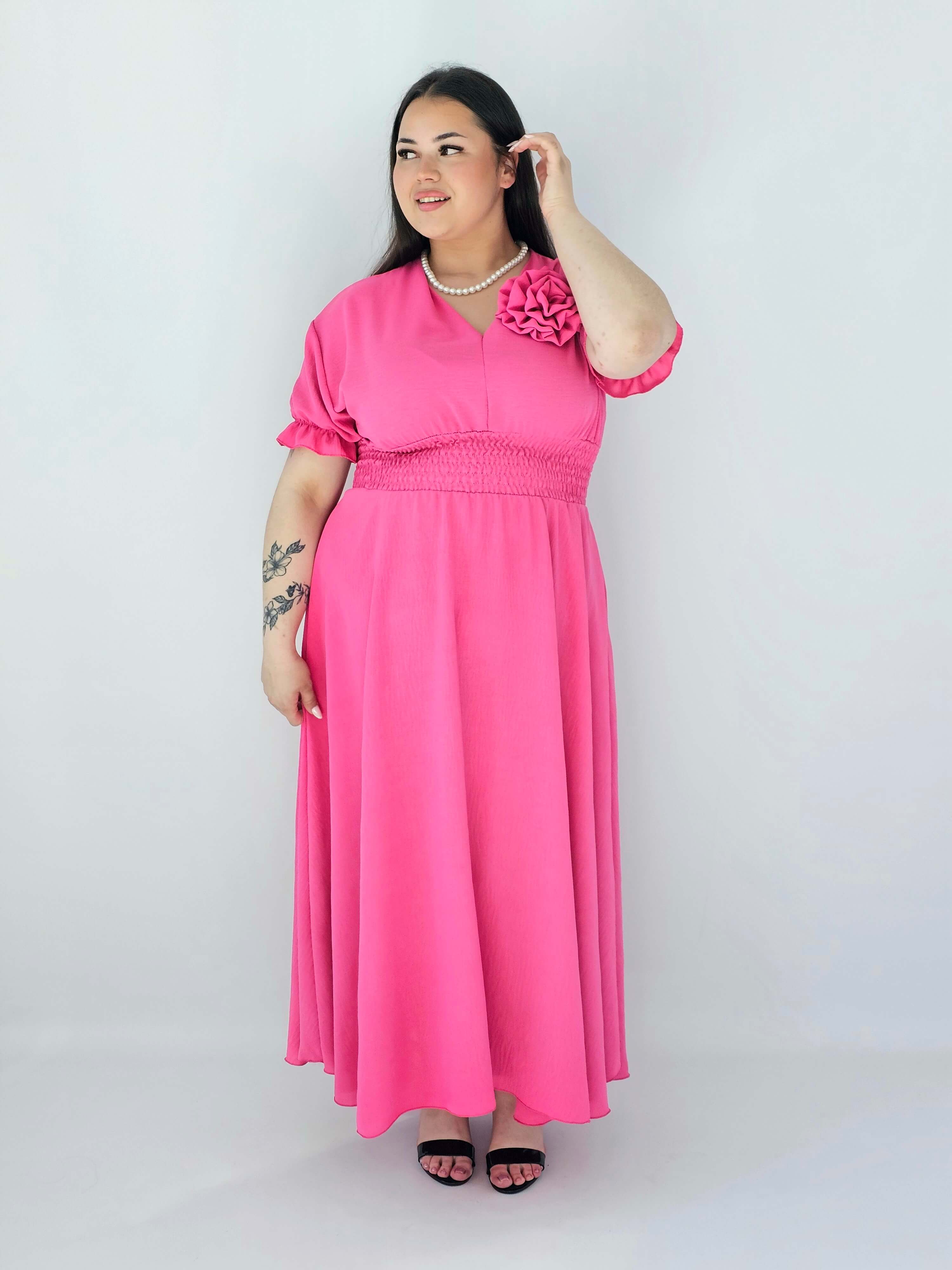 Sukienka Plus Size Midi Z Marszczoną Talią I Kwiatem Stylowa XL