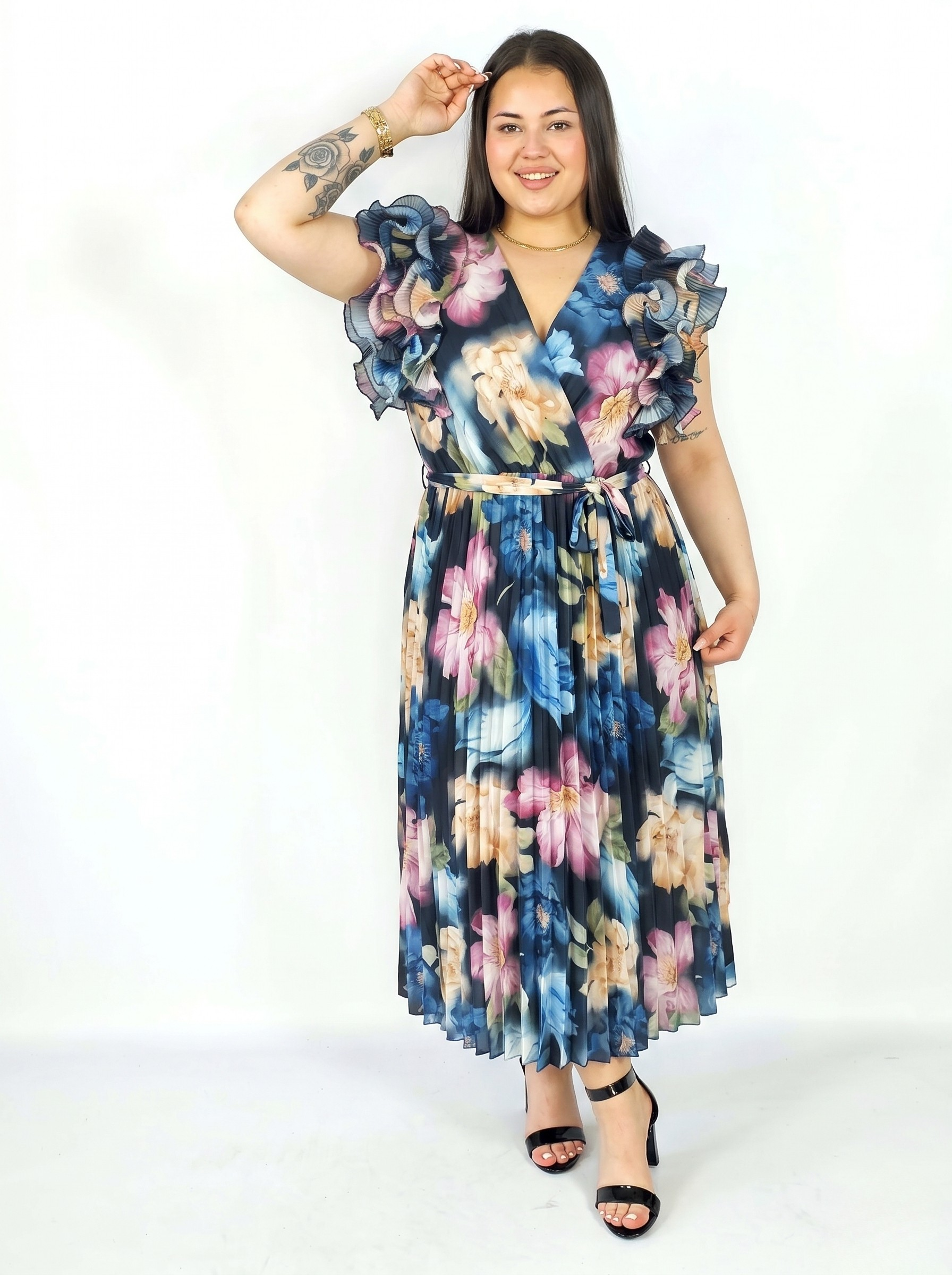 Sukienka Plus Size Plisowana Midi W Kwiaty Z Paskiem Elegancka Stylowa XL