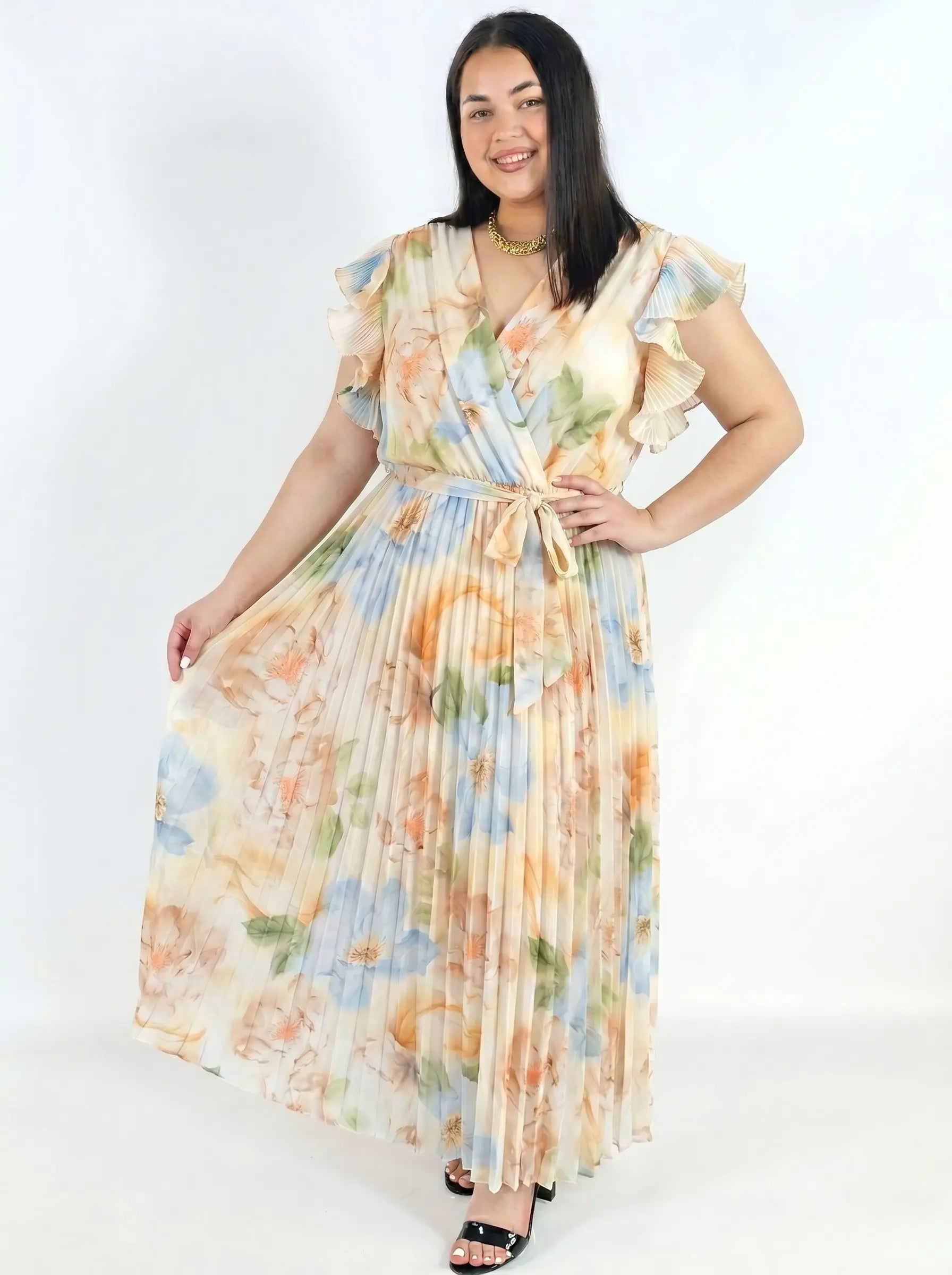 Sukienka Plus Size Plisowana Midi W Kwiaty Z Paskiem Elegancka Stylowa XL