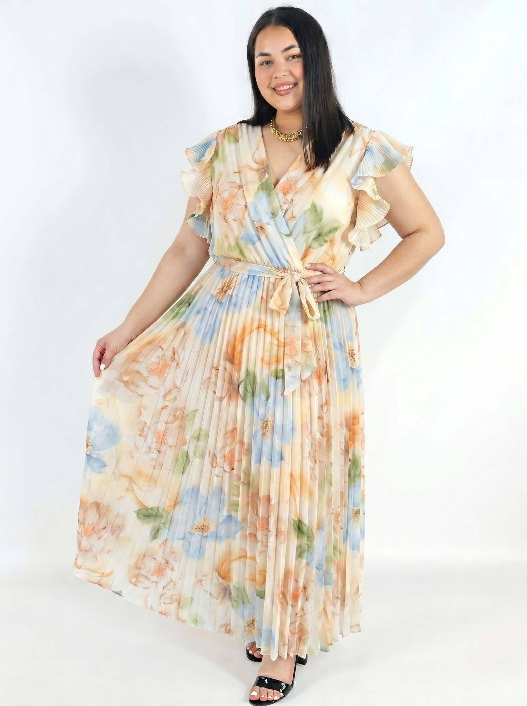 Sukienka Plus Size Plisowana Midi W Kwiaty Z Paskiem Elegancka Stylowa XL