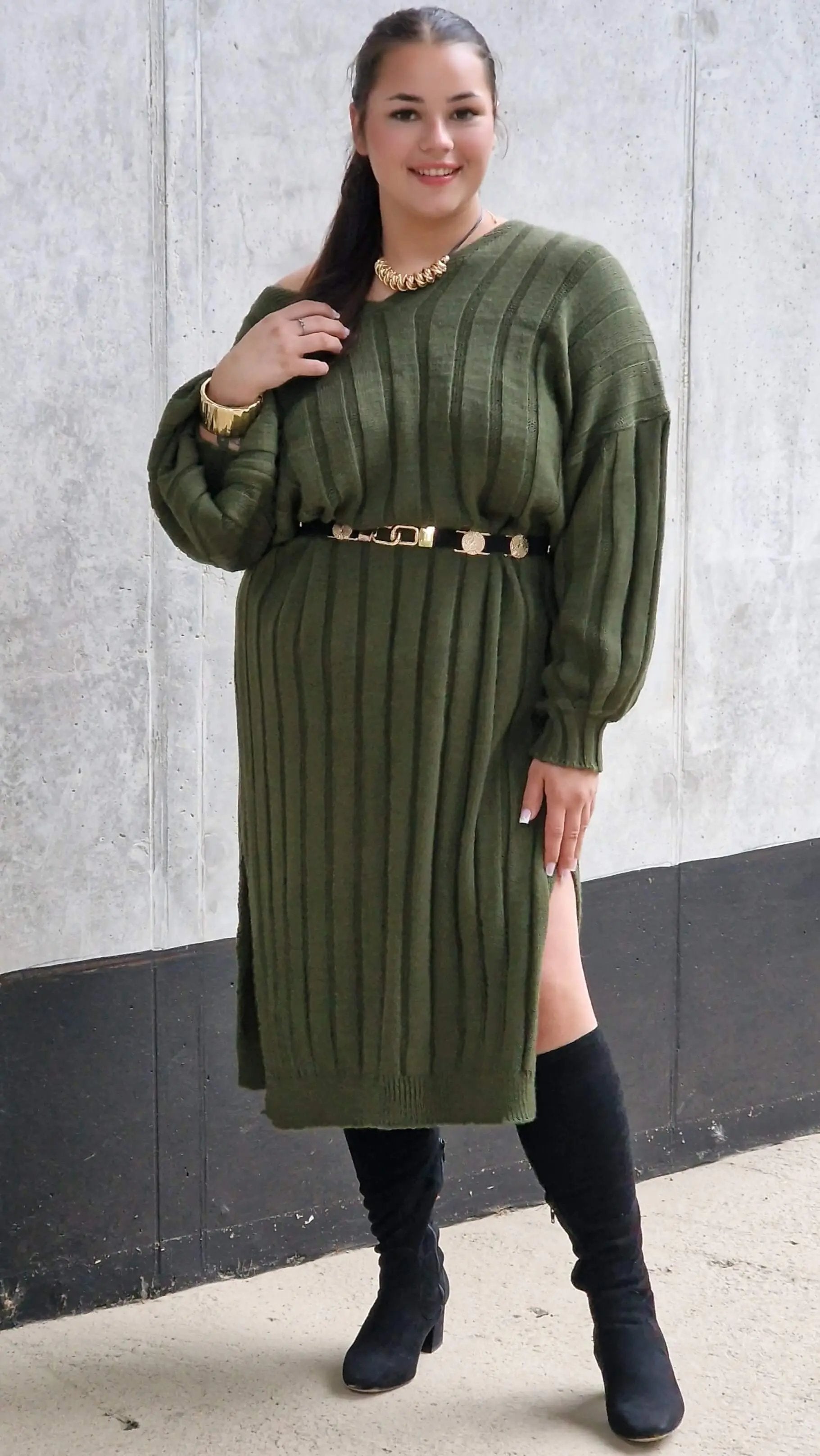 Sukienka Swetrowa z Dekoltem w Serek Stylowa XL