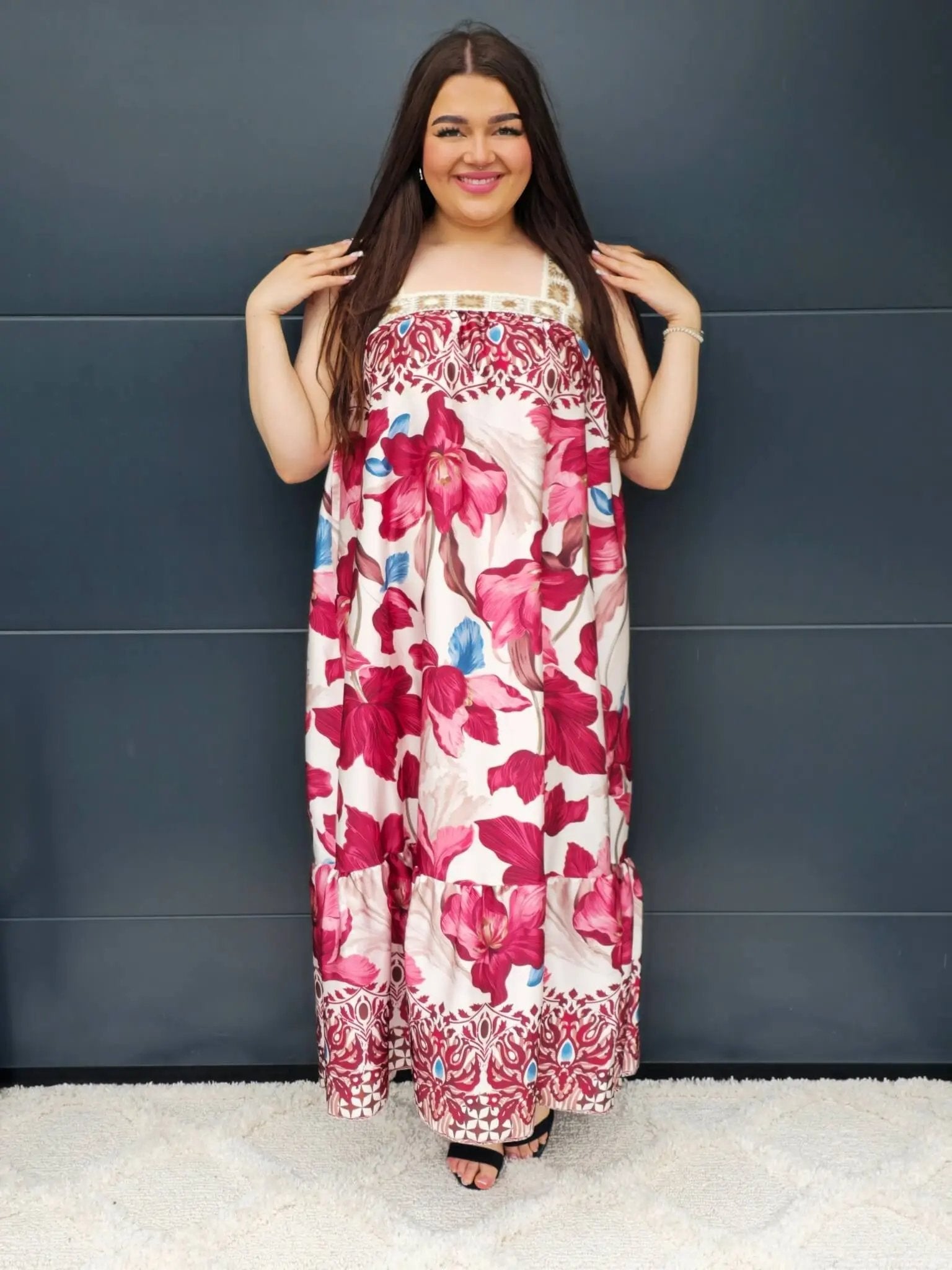 Sukienka boho z szydełkową górą i kwiatowym printem Stylowa XL