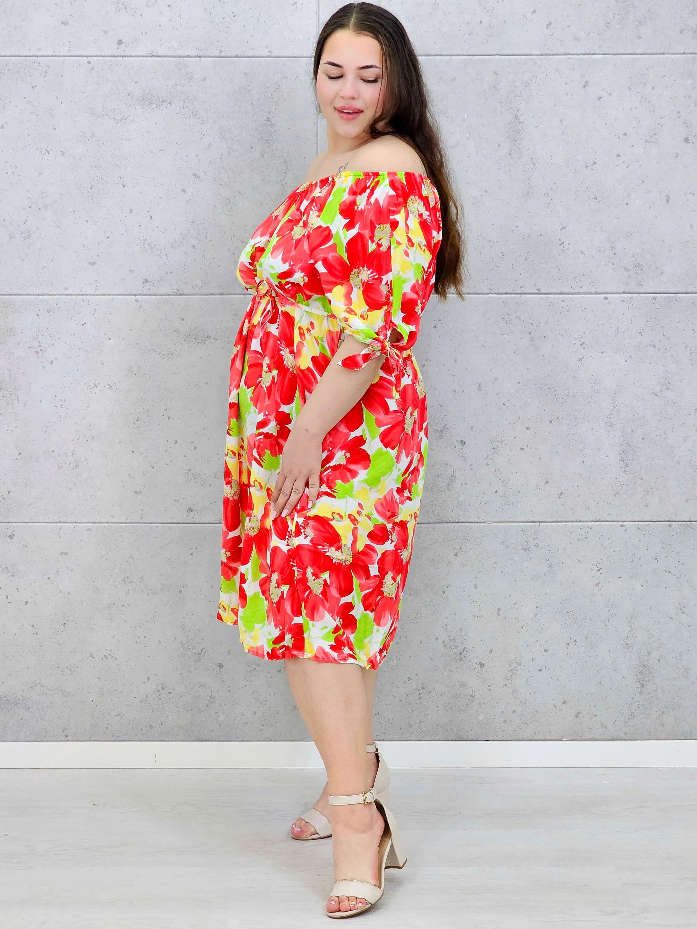 Sukienka hiszpanka midi z wiązanymi rękawami i kwiatowym printem Stylowa XL